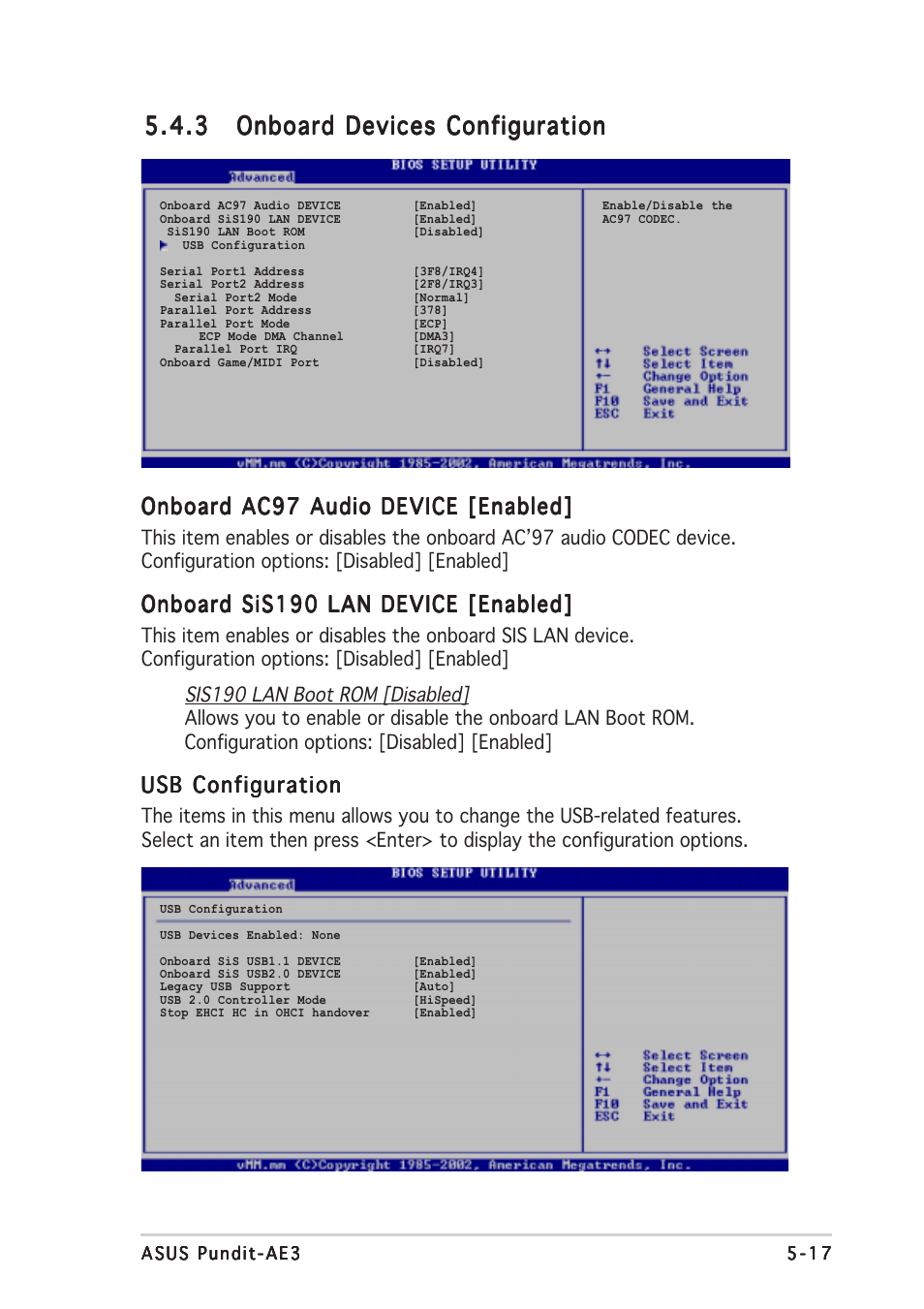 Onboard ac97 audio device [enabled, Onboard sis190 lan device [enabled, Usb configuration | Asus Pundit-AE3 User Manual | Page 91 / 106