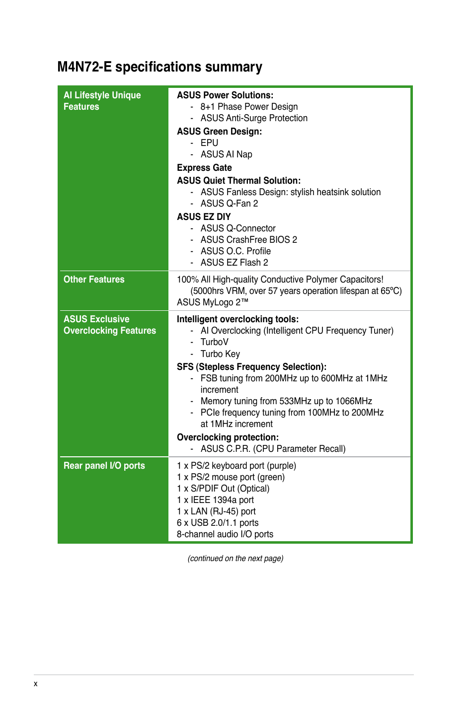 M4n72-e specifications summary | Asus M4N72-E User Manual | Page 10 / 72