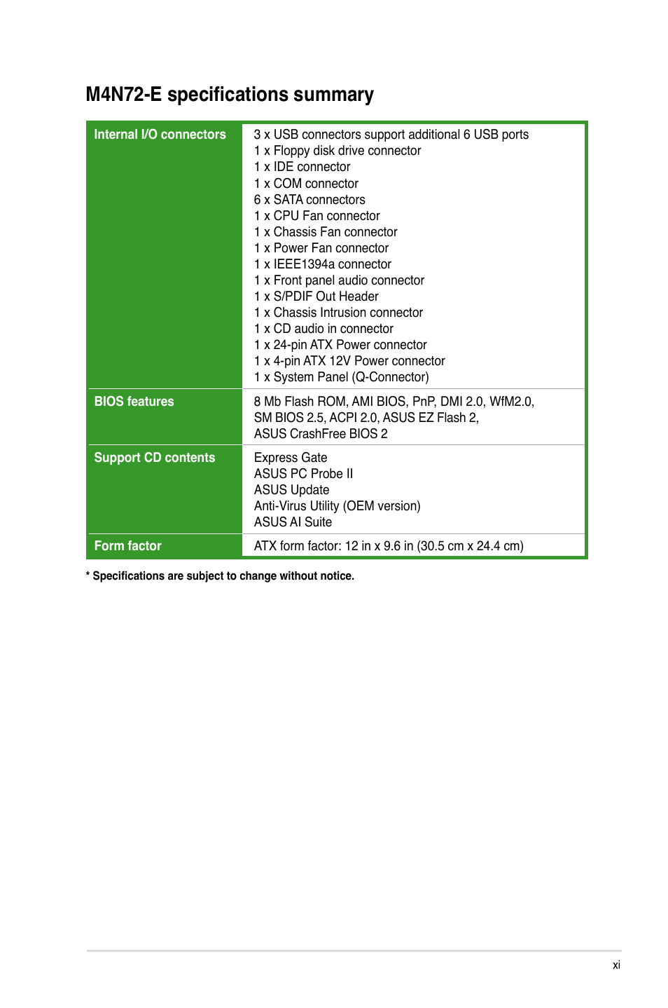 M4n72-e specifications summary | Asus M4N72-E User Manual | Page 11 / 72