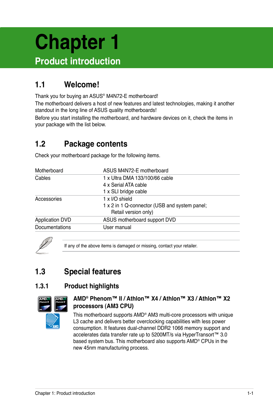 Chapter 1 product introduction, 1 welcome, 2 package contents | 3 special features, 1 product highlights, Chapter 1, Product introduction, Welcome! -1, Package contents -1, Special features -1 1.3.1 | Asus M4N72-E User Manual | Page 13 / 72