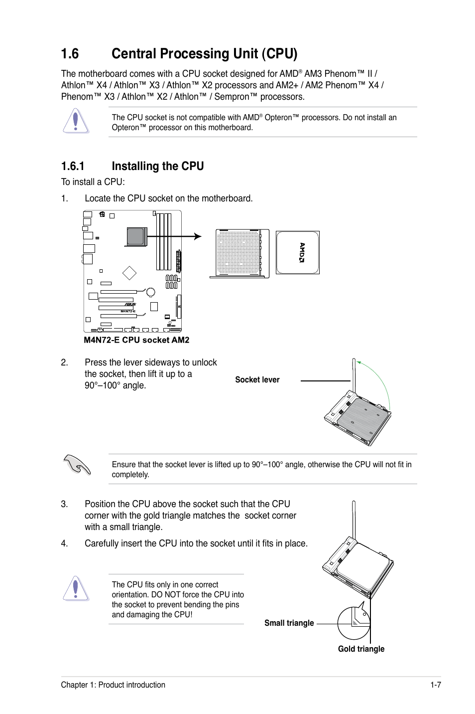 6 central processing unit (cpu), 1 installing the cpu, Central processing unit (cpu) -7 1.6.1 | Installing the cpu -7 | Asus M4N72-E User Manual | Page 19 / 72