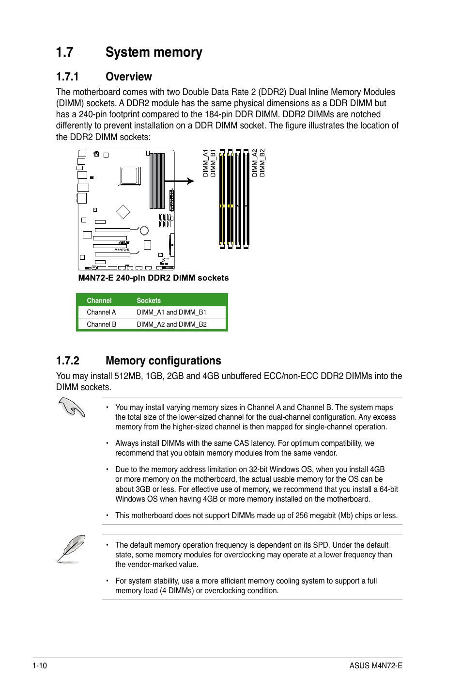 7 system memory, 1 overview, 2 memory configurations | System memory -10 1.7.1, Overview -10, Memory configurations -10 | Asus M4N72-E User Manual | Page 22 / 72