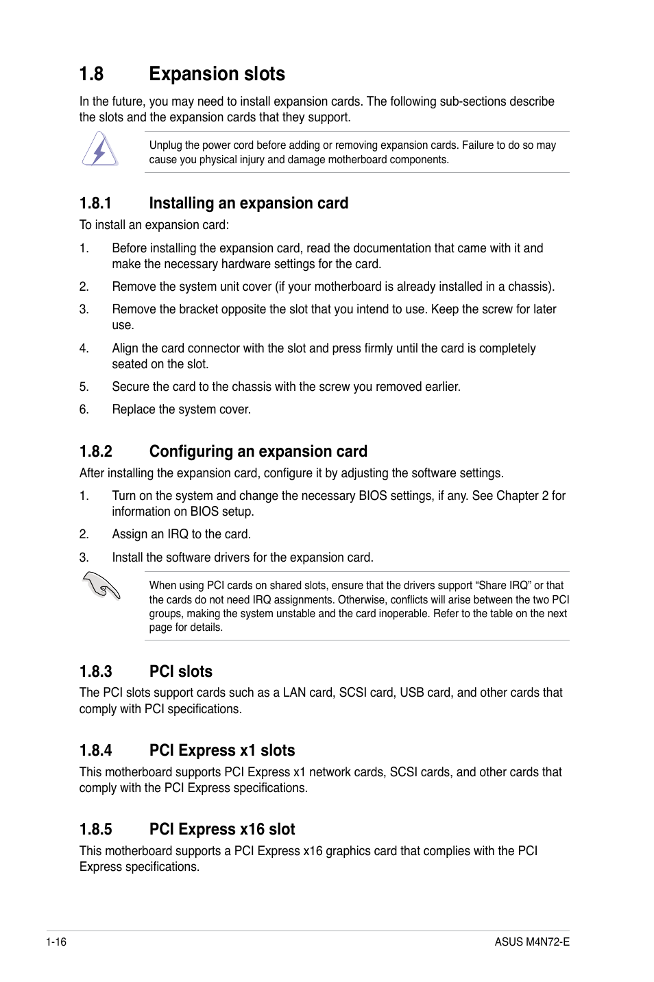 8 expansion slots, 1 installing an expansion card, 2 configuring an expansion card | 3 pci slots, 4 pci express x1 slots, 5 pci express x16 slot, Expansion slots -16 1.8.1, Installing an expansion card -16, Configuring an expansion card -16, Pci slots -16 | Asus M4N72-E User Manual | Page 28 / 72