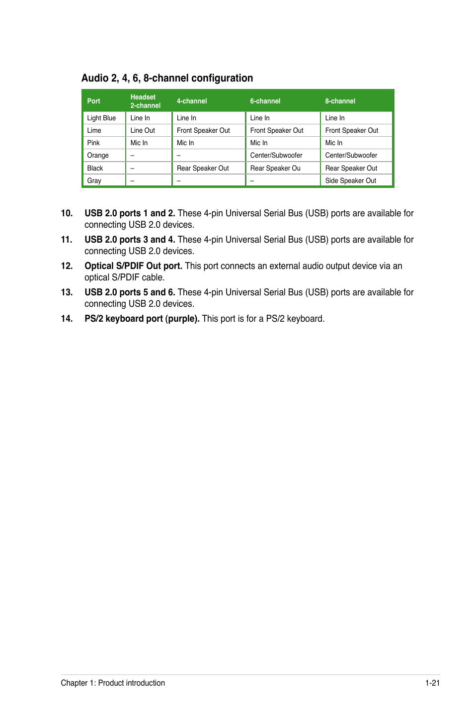Audio 2, 4, 6, 8-channel configuration | Asus M4N72-E User Manual | Page 33 / 72