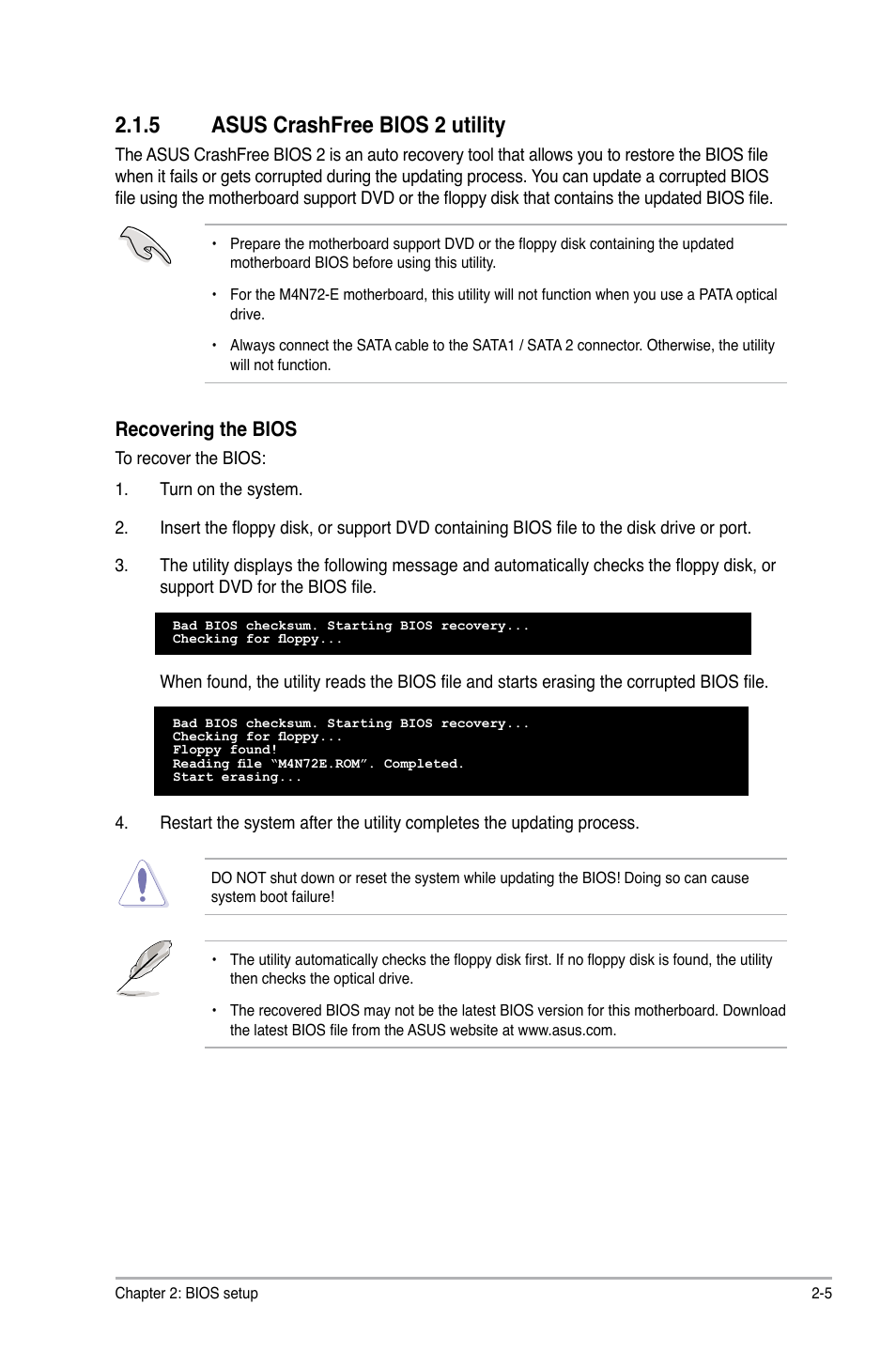 5 asus crashfree bios 2 utility, Asus crashfree bios 2 utility -5, Recovering the bios | Asus M4N72-E User Manual | Page 49 / 72