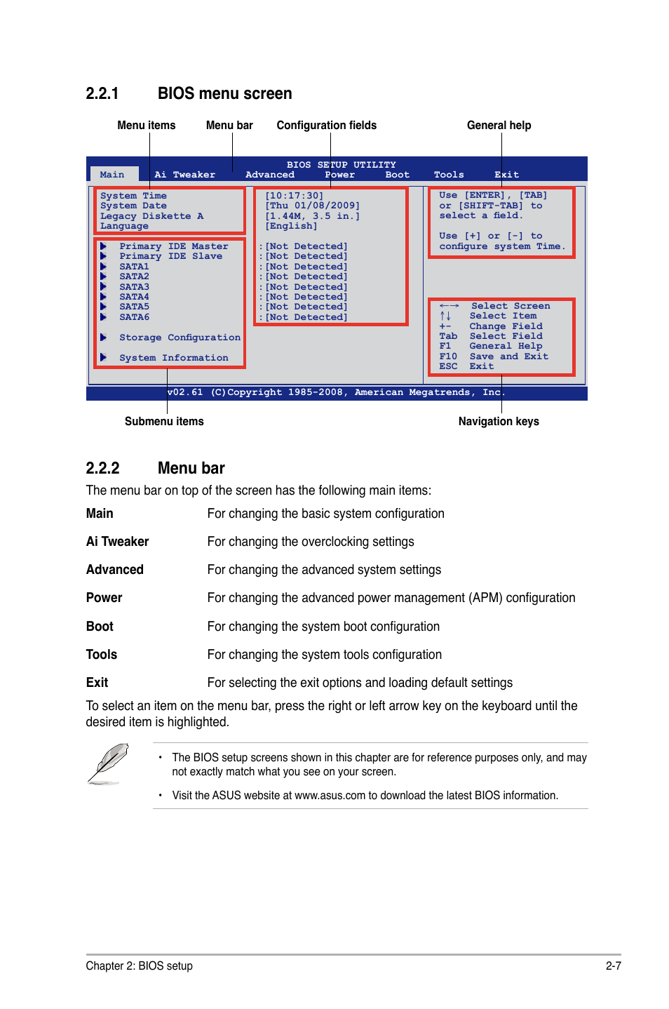 1 bios menu screen, 2 menu bar, Bios menu screen -7 | Menu bar -7, 1 bios menu screen 2.2.2 menu bar | Asus M4N72-E User Manual | Page 51 / 72