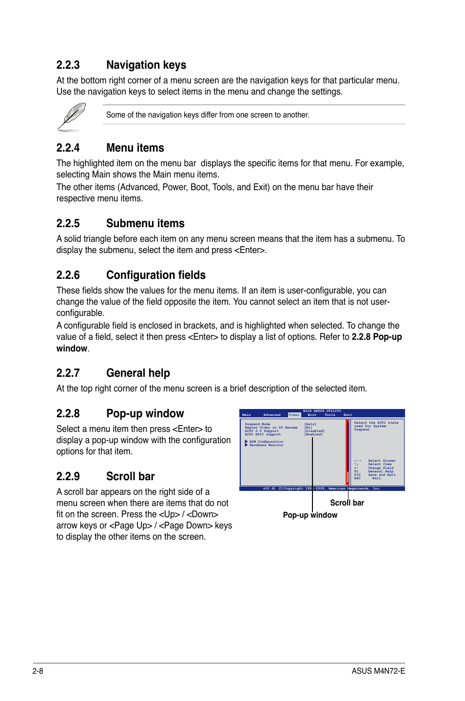 3 navigation keys, 4 menu items, 5 submenu items | 6 configuration fields, 7 general help, 8 pop-up window, 9 scroll bar, Navigation keys -8, Menu items -8, Submenu items -8 | Asus M4N72-E User Manual | Page 52 / 72