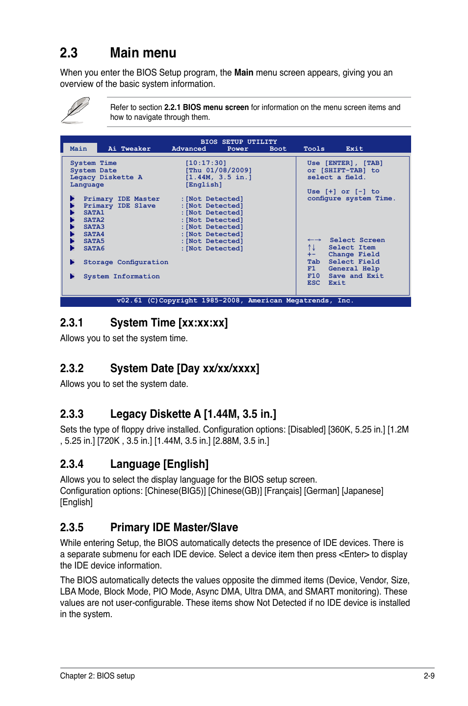 3 main menu, 1 system time [xx:xx:xx, 2 system date [day xx/xx/xxxx | 3 legacy diskette a [1.44m, 3.5 in, 4 language [english, 5 primary ide master/slave, Main menu -9 2.3.1, System time [xx:xx:xx] -9, System date [day xx/xx/xxxx] -9, Legacy diskette a [1.44m, 3.5 in.] -9 | Asus M4N72-E User Manual | Page 53 / 72