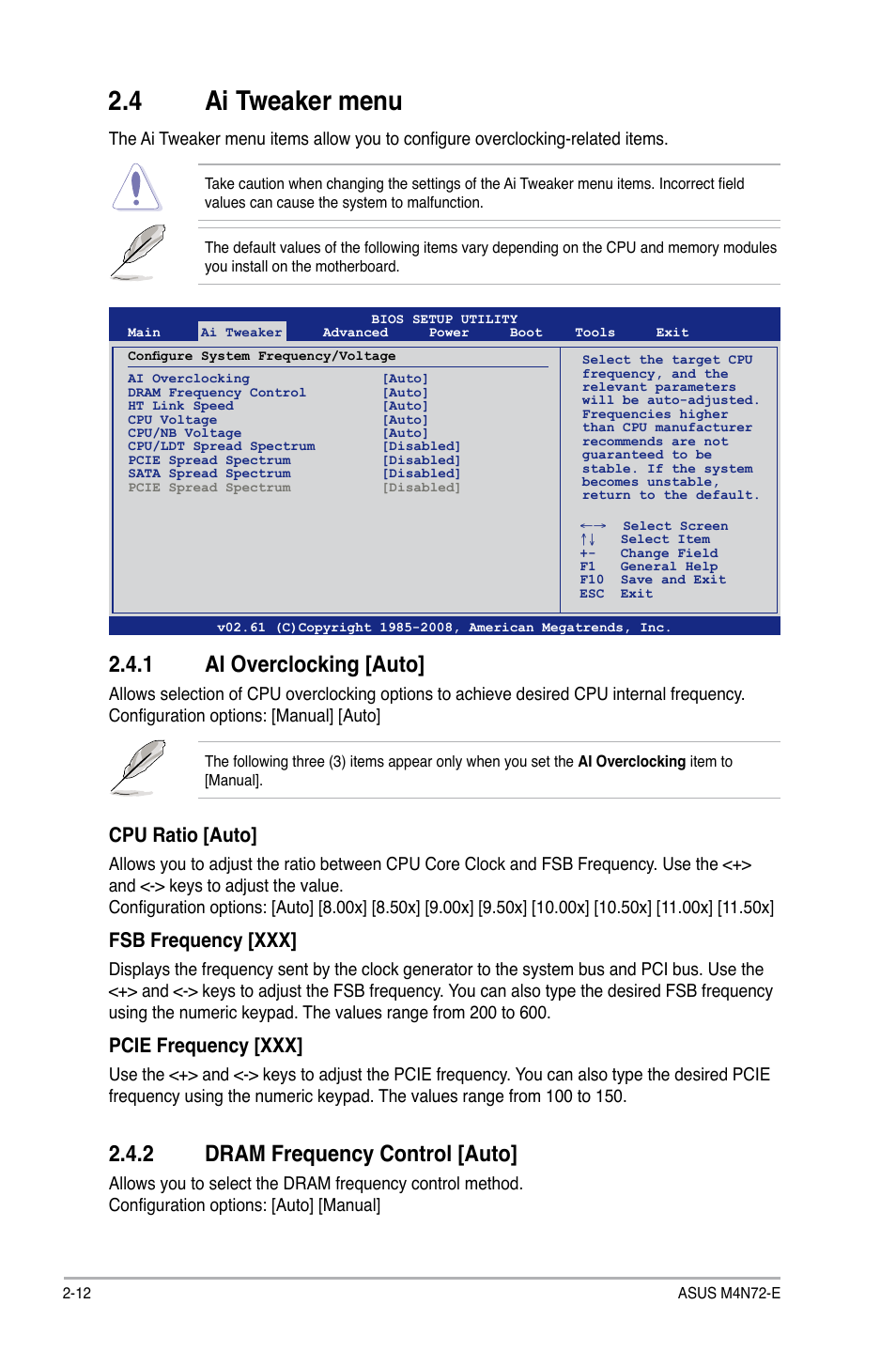 4 ai tweaker menu, 1 ai overclocking [auto, 2 dram frequency control [auto | Ai tweaker menu -12 2.4.1, Ai overclocking [auto] -12, Dram frequency control [auto] -12, Cpu ratio [auto, Fsb frequency [xxx, Pcie frequency [xxx | Asus M4N72-E User Manual | Page 56 / 72