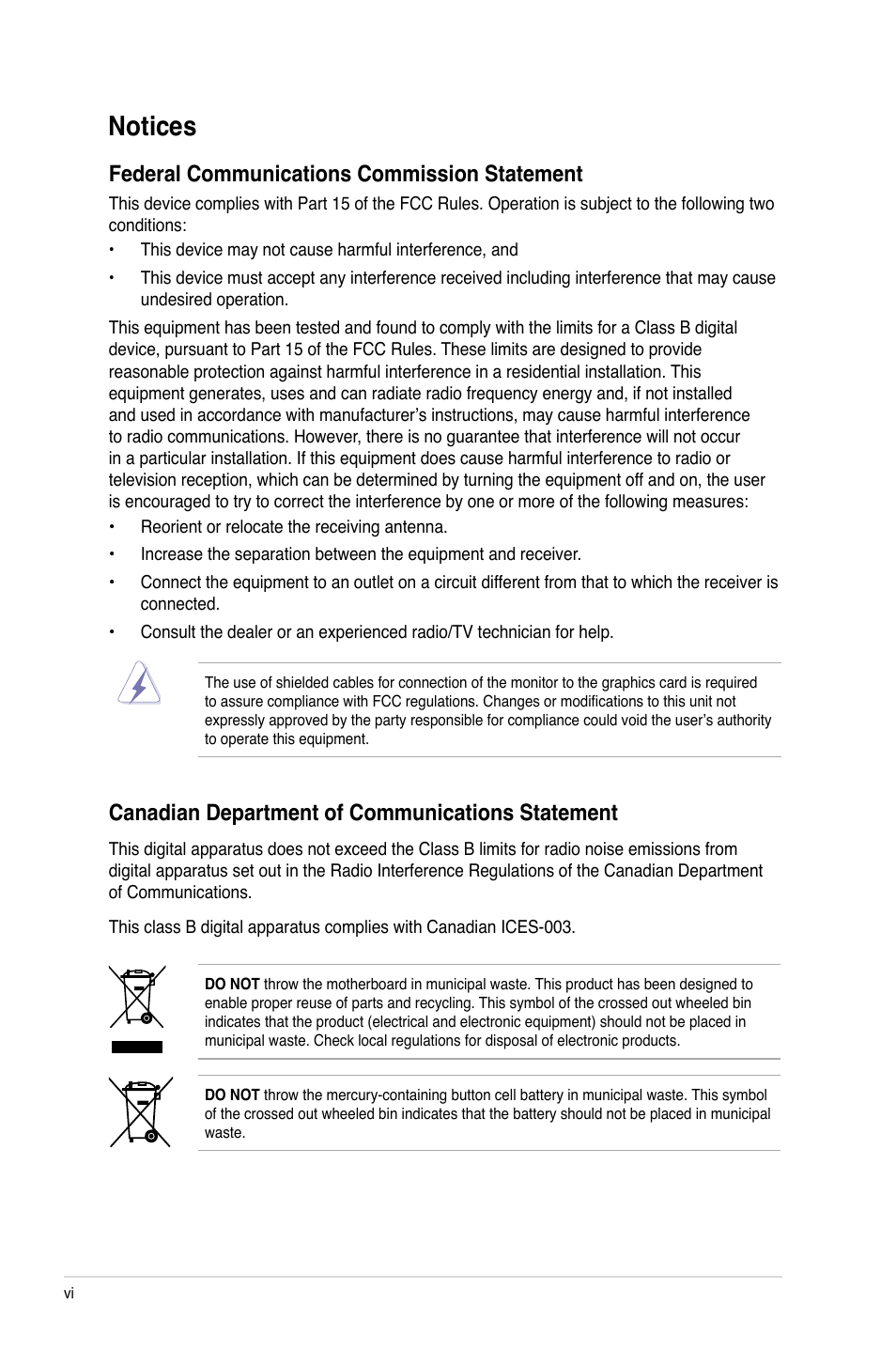 Notices, Federal communications commission statement, Canadian department of communications statement | Asus M4N72-E User Manual | Page 6 / 72