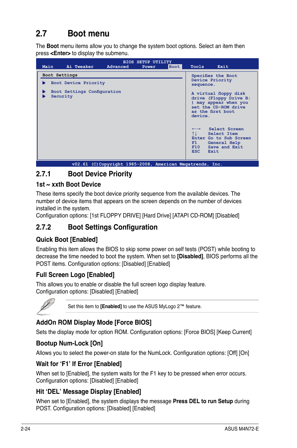 7 boot menu, 1 boot device priority, 2 boot settings configuration | Boot menu -24 2.7.1, Boot device priority -24, Boot settings configuration -24, 1st ~ xxth boot device, Quick boot [enabled, Full screen logo [enabled, Addon rom display mode [force bios | Asus M4N72-E User Manual | Page 68 / 72