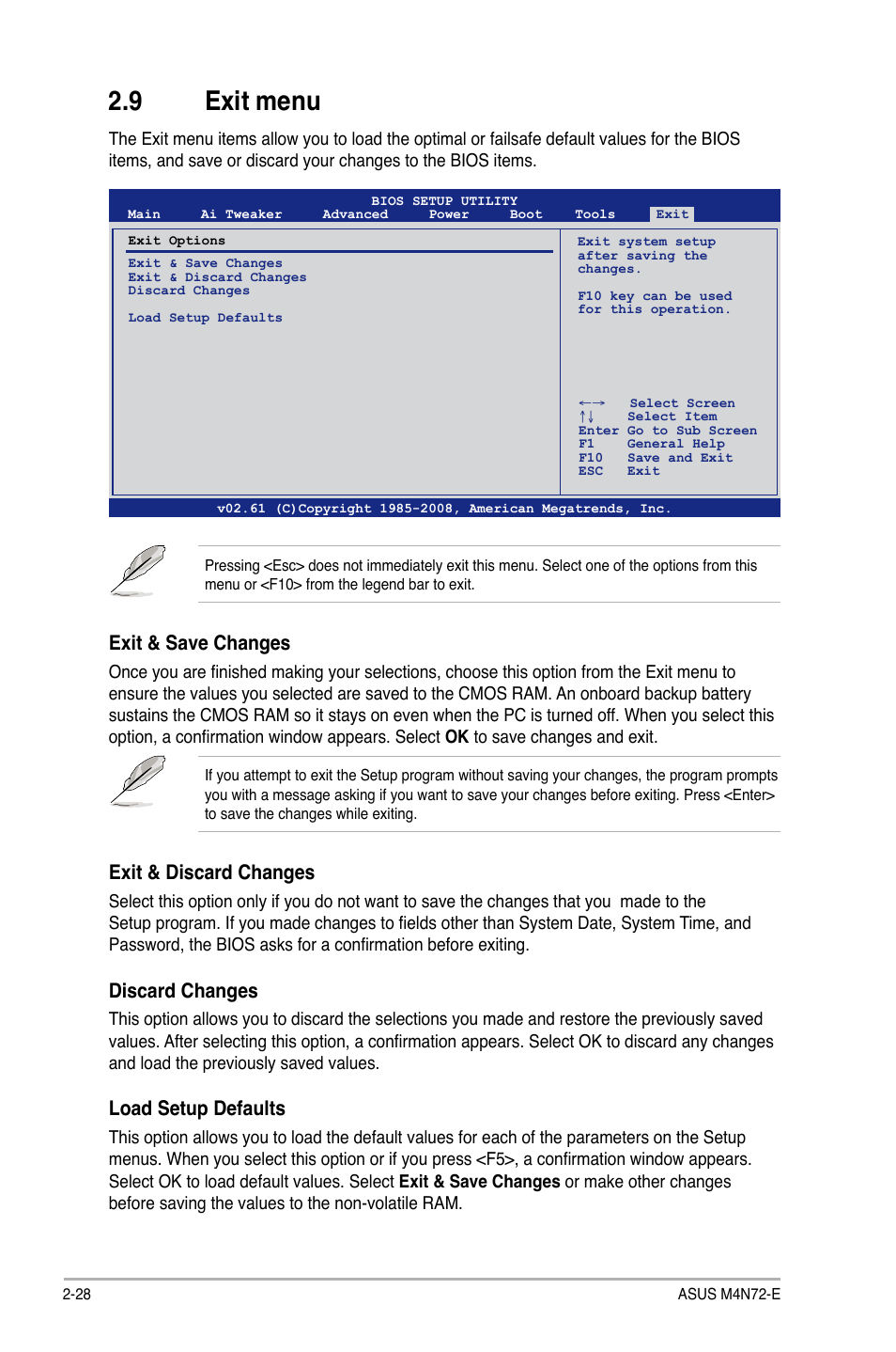 9 exit menu, Exit menu -28, Exit & save changes | Exit & discard changes, Discard changes, Load setup defaults | Asus M4N72-E User Manual | Page 72 / 72