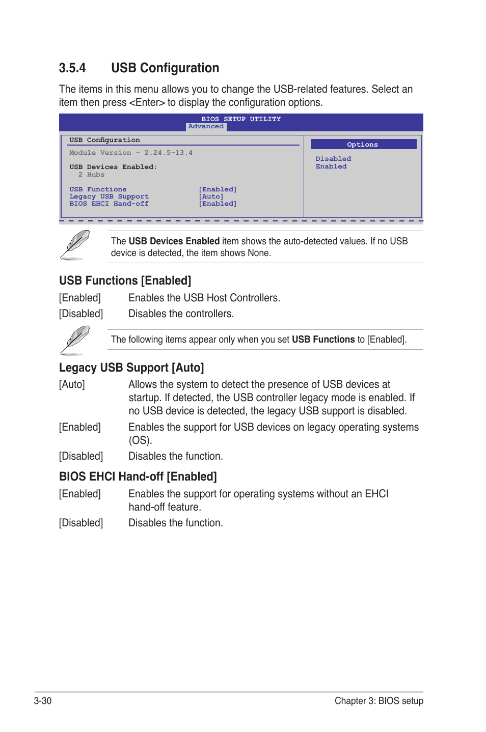 4 usb configuration, Usb configuration -30, Usb functions [enabled | Legacy usb support [auto, Bios ehci hand-off [enabled | Asus Maximus III Gene User Manual | Page 100 / 170