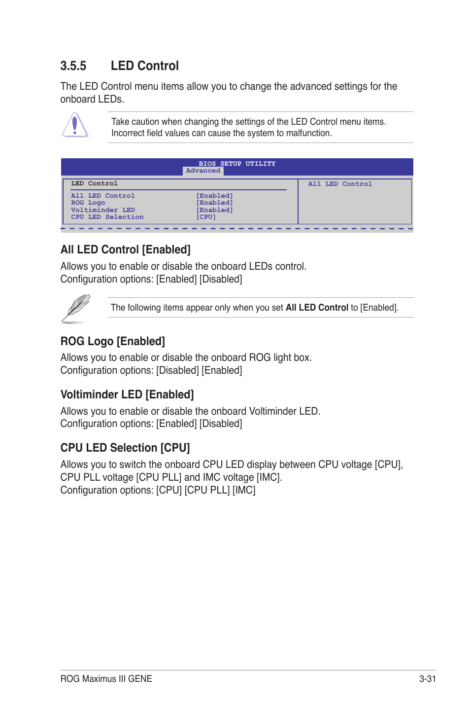 5 led control, Led control -31, All led control [enabled | Rog logo [enabled, Voltiminder led [enabled, Cpu led selection [cpu | Asus Maximus III Gene User Manual | Page 101 / 170