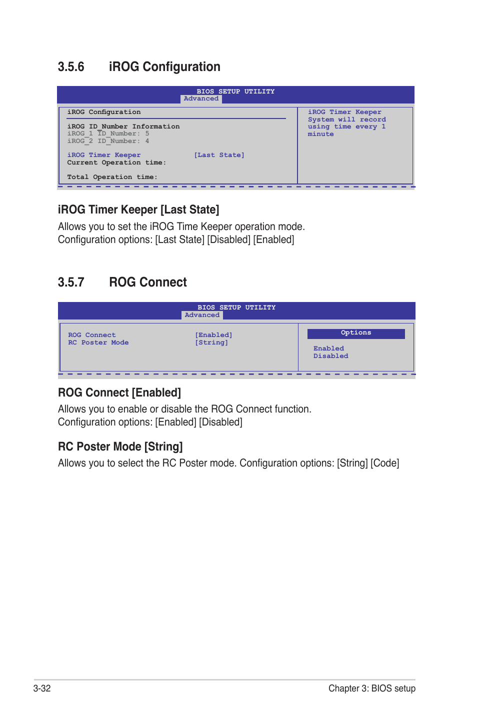 6 irog configuration, 7 rog connect, Irog configuration -32 | Rog connect -32, Irog timer keeper [last state, Rog connect [enabled, Rc poster mode [string | Asus Maximus III Gene User Manual | Page 102 / 170