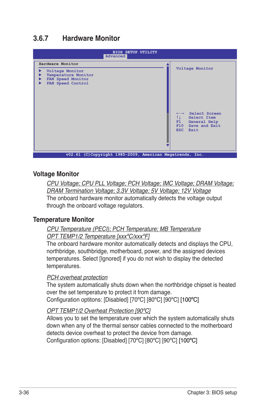 7 hardware monitor, Hardware monitor -36, Voltage monitor | Temperature monitor | Asus Maximus III Gene User Manual | Page 106 / 170