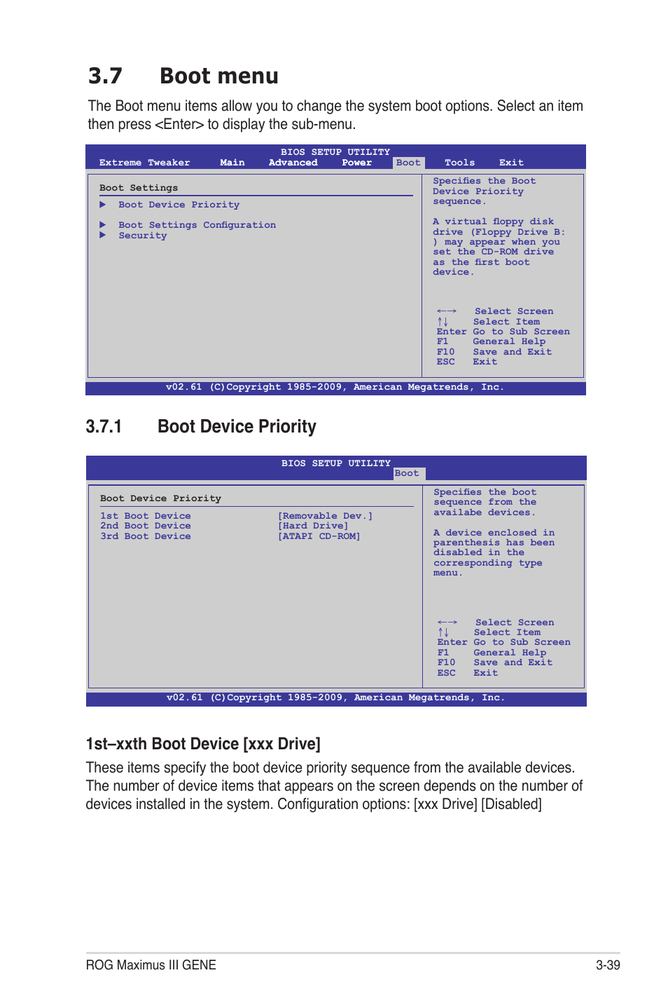 7 boot menu, 1 boot device priority, Boot menu -39 3.7.1 | Boot device priority -39, 1st–xxth boot device [xxx drive, Rog maximus iii gene 3-39 | Asus Maximus III Gene User Manual | Page 109 / 170