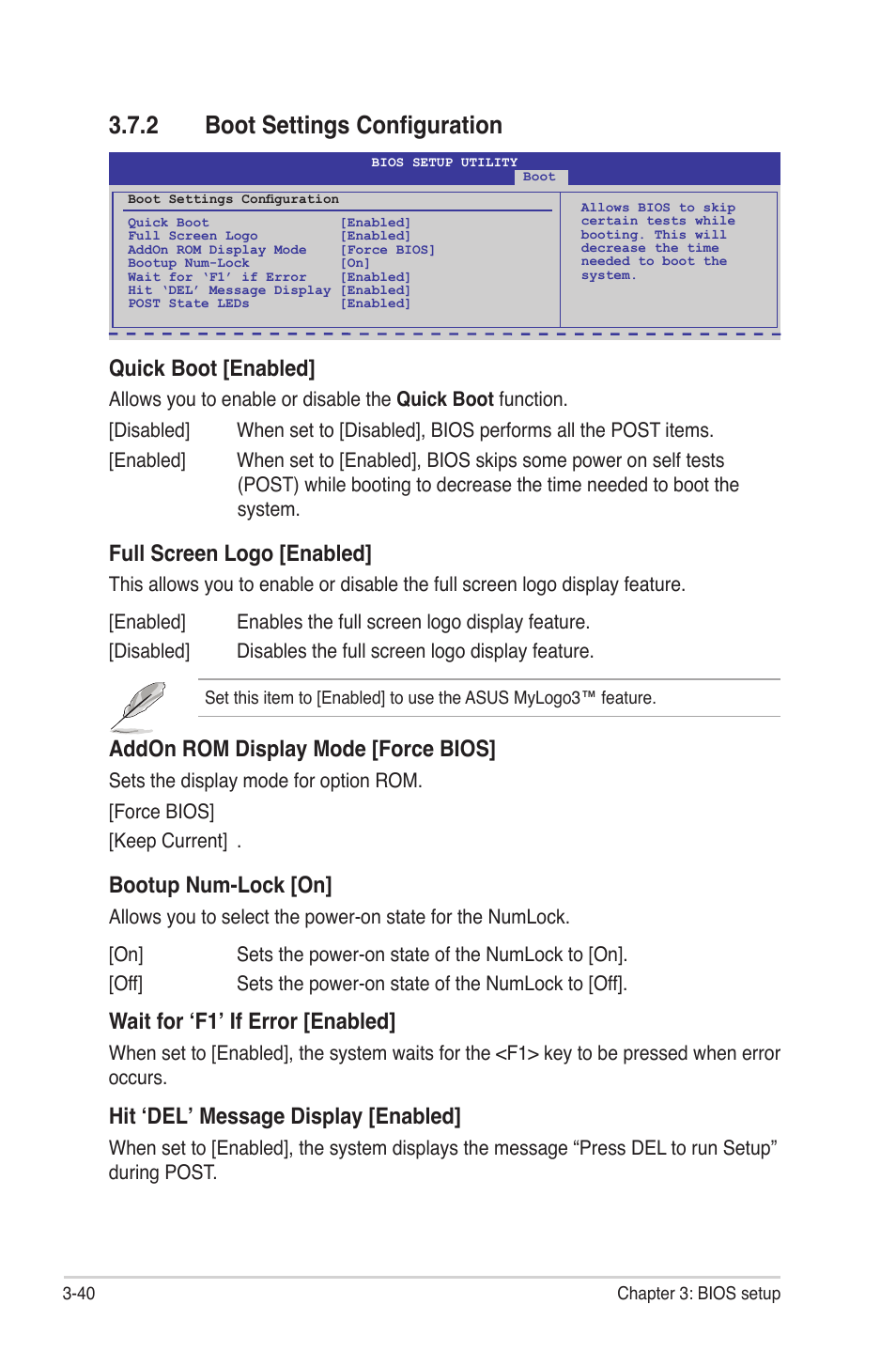 2 boot settings configuration, Boot settings configuration -40, Quick boot [enabled | Full screen logo [enabled, Addon rom display mode [force bios, Bootup num-lock [on, Wait for ‘f1’ if error [enabled, Hit ‘del’ message display [enabled | Asus Maximus III Gene User Manual | Page 110 / 170