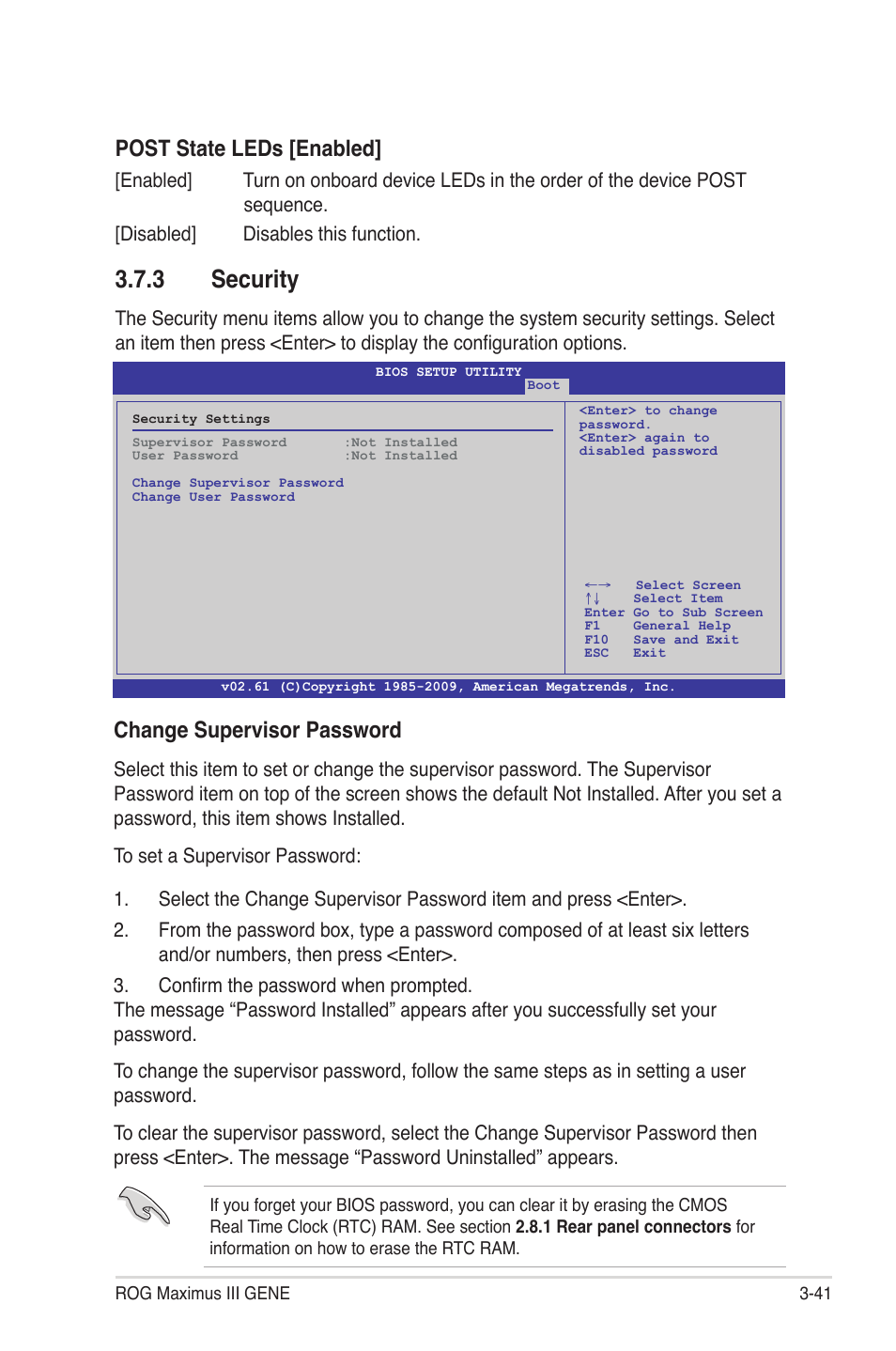 3 security, Security -41, Post state leds [enabled | Change supervisor password | Asus Maximus III Gene User Manual | Page 111 / 170