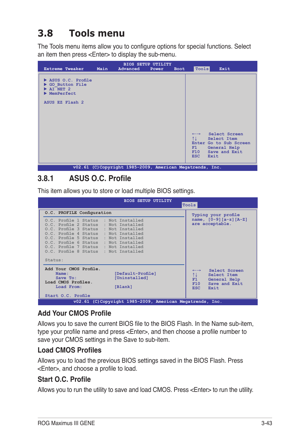 8 tools menu, 1 asus o.c. profile, Tools menu -43 3.8.1 | Asus o.c. profile -43, Add your cmos profile, Load cmos profiles, Start o.c. profile | Asus Maximus III Gene User Manual | Page 113 / 170