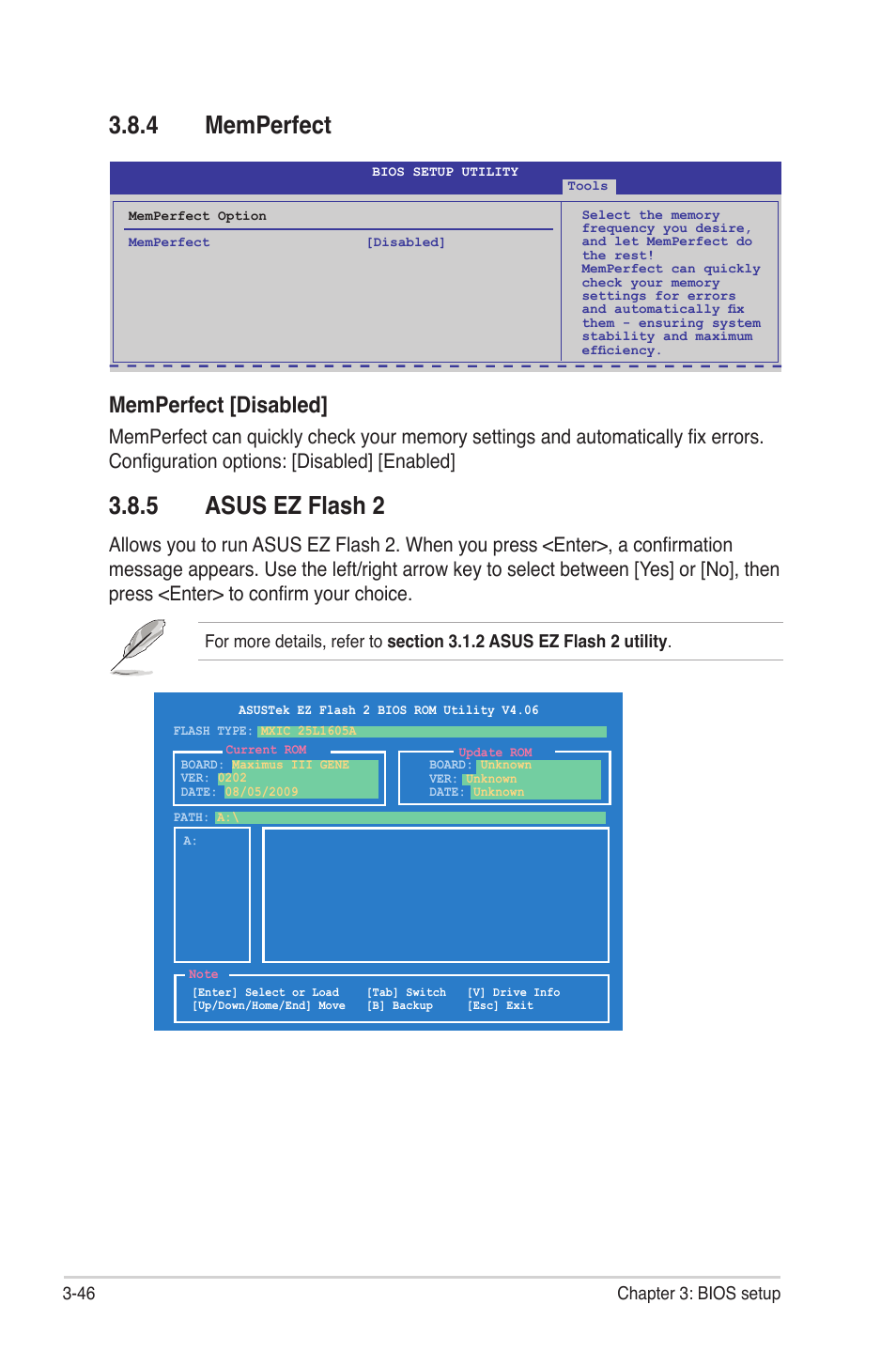 4 memperfect, 5 asus ez flash 2, Memperfect -46 | Asus ez flash 2 -46, Memperfect [disabled | Asus Maximus III Gene User Manual | Page 116 / 170