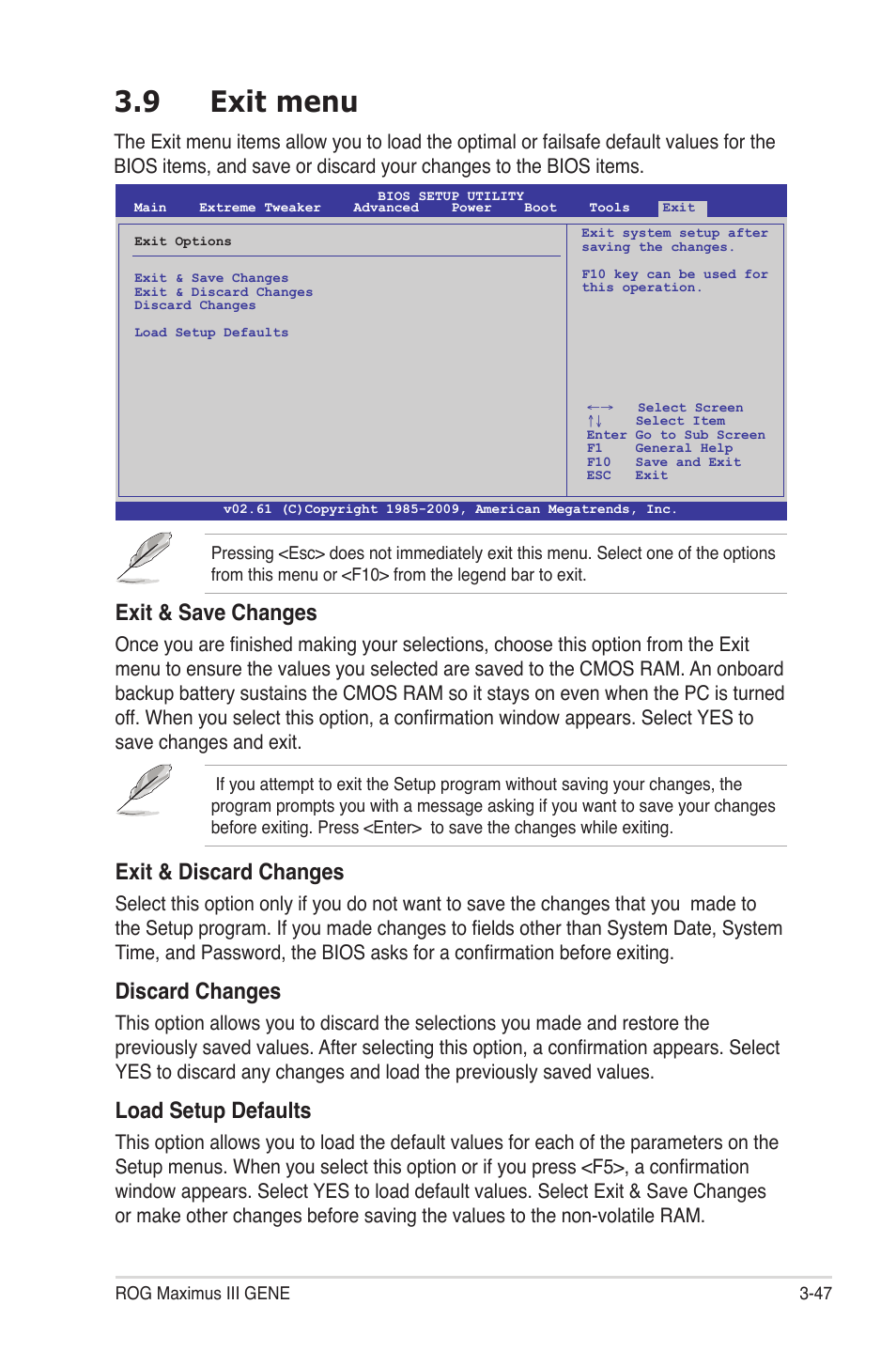 9 exit menu, Exit menu -47, Exit & save changes | Exit & discard changes, Discard changes, Load setup defaults | Asus Maximus III Gene User Manual | Page 117 / 170