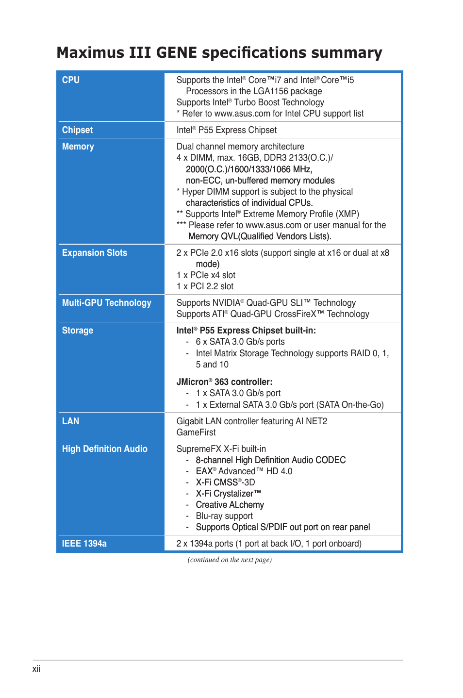 Maximus iii gene specifications summary | Asus Maximus III Gene User Manual | Page 12 / 170