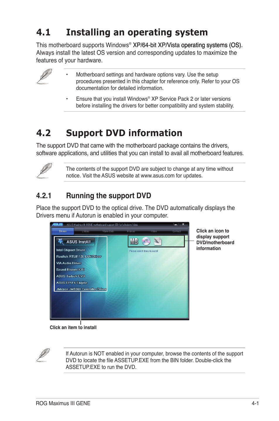 1 installing an operating system, 2 support dvd information, 1 running the support dvd | Installing an operating system -1, Support dvd information -1 4.2.1, Running the support dvd -1 | Asus Maximus III Gene User Manual | Page 121 / 170