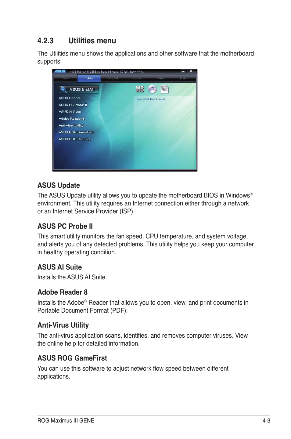 3 utilities menu, Utilities menu -3 | Asus Maximus III Gene User Manual | Page 123 / 170