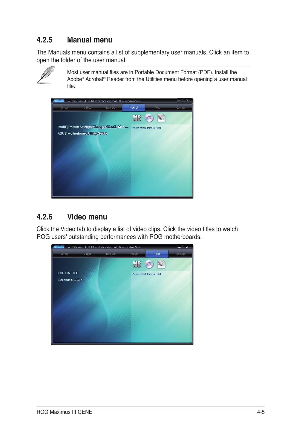 5 manual menu, 6 video menu, Manual menu -5 | Video menu -5 | Asus Maximus III Gene User Manual | Page 125 / 170