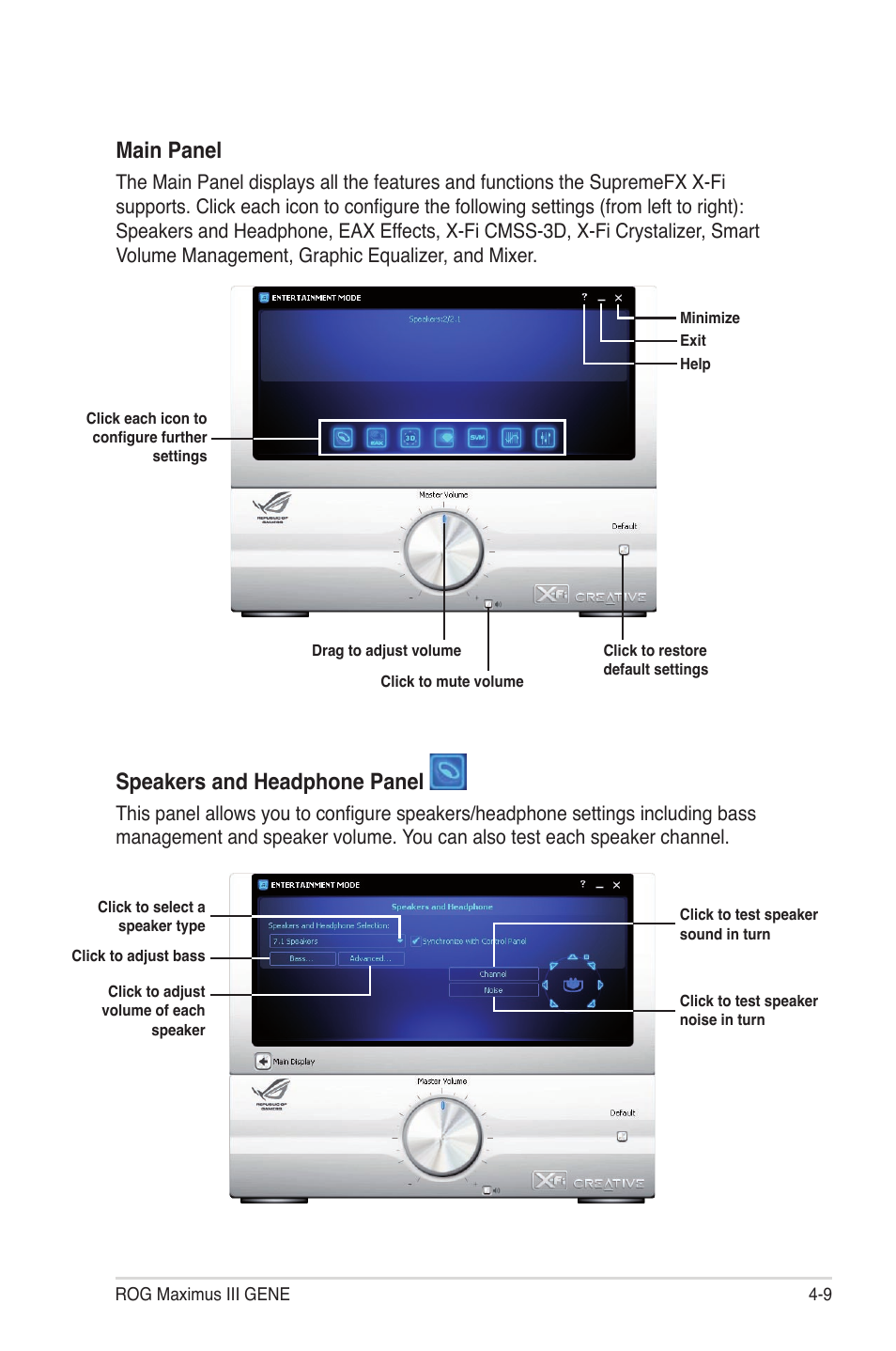 Main panel, Speakers and headphone panel | Asus Maximus III Gene User Manual | Page 129 / 170