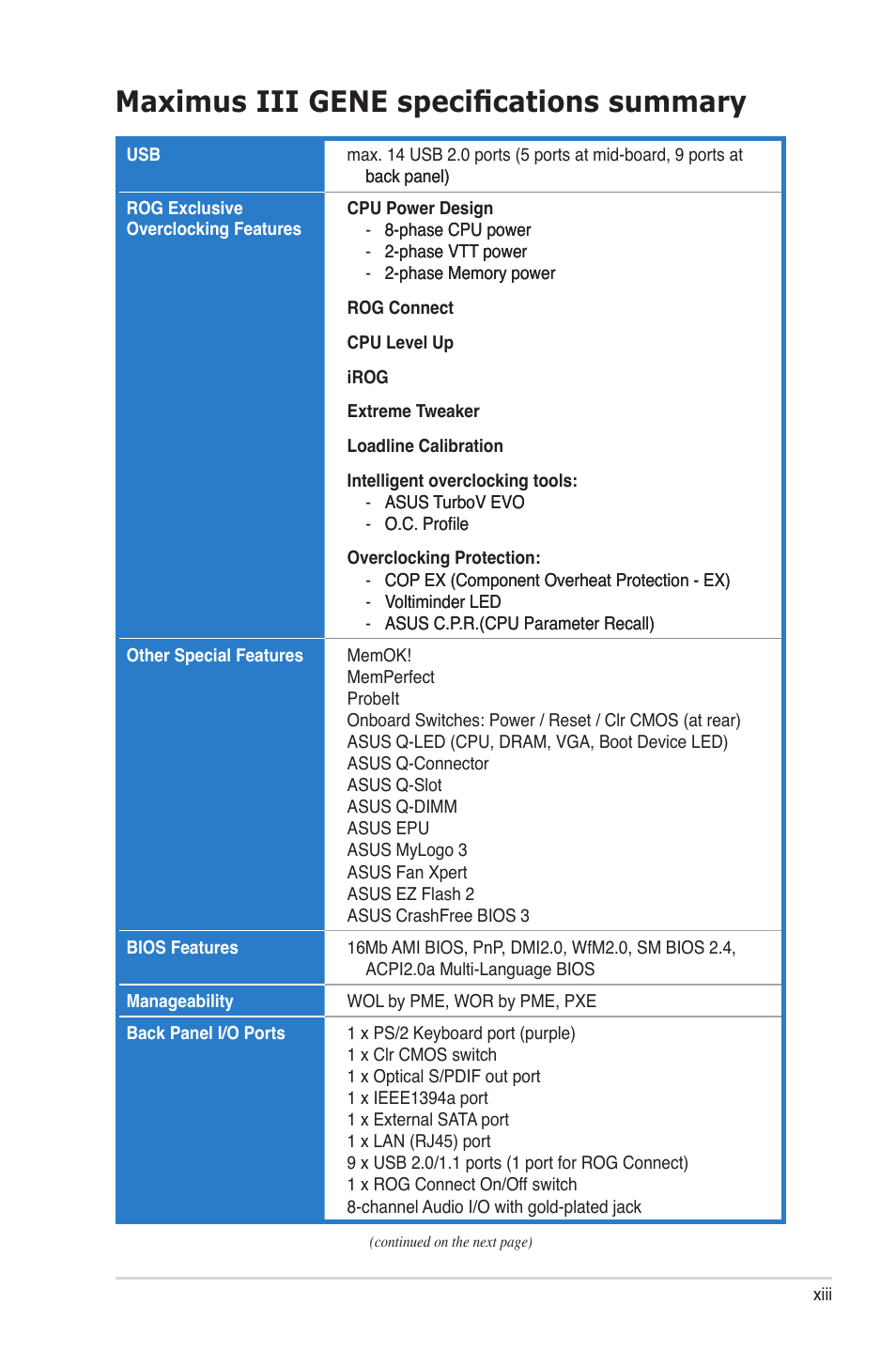 Maximus iii gene specifications summary | Asus Maximus III Gene User Manual | Page 13 / 170