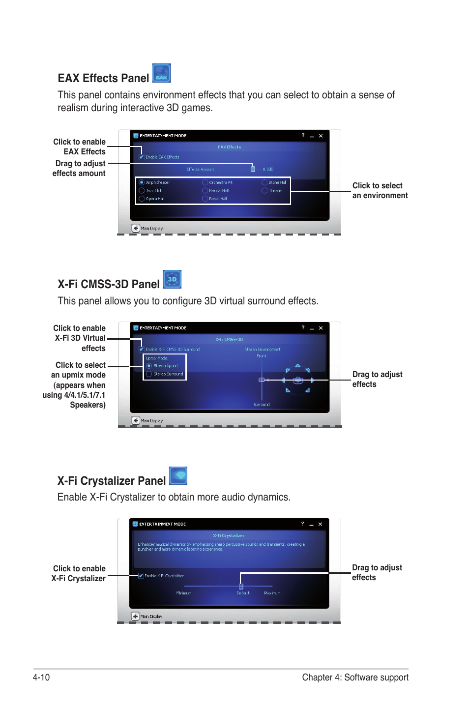 Eax effects panel, X-fi cmss-3d panel, X-fi crystalizer panel | Asus Maximus III Gene User Manual | Page 130 / 170