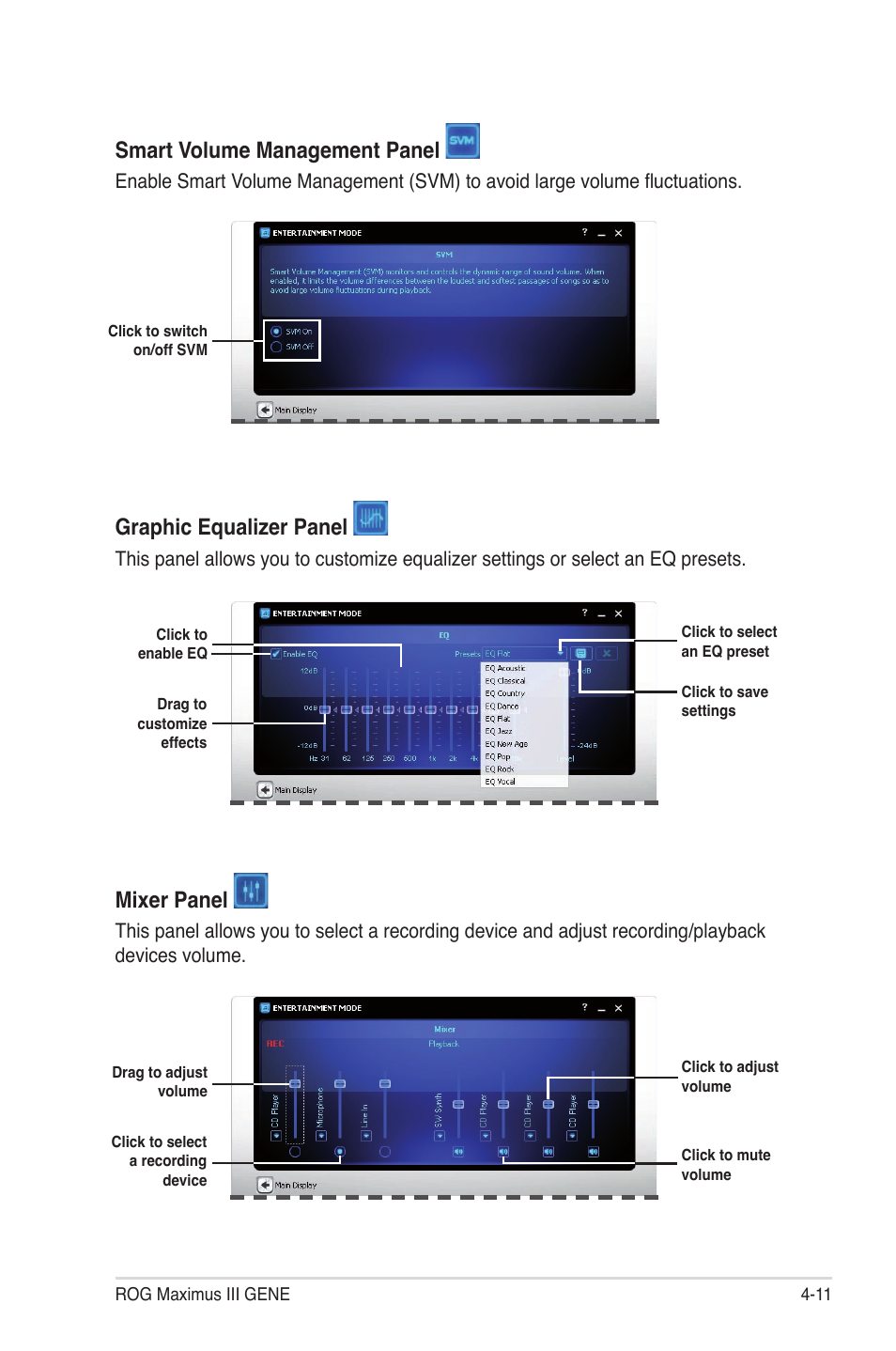 Smart volume management panel, Graphic equalizer panel, Mixer panel | Asus Maximus III Gene User Manual | Page 131 / 170