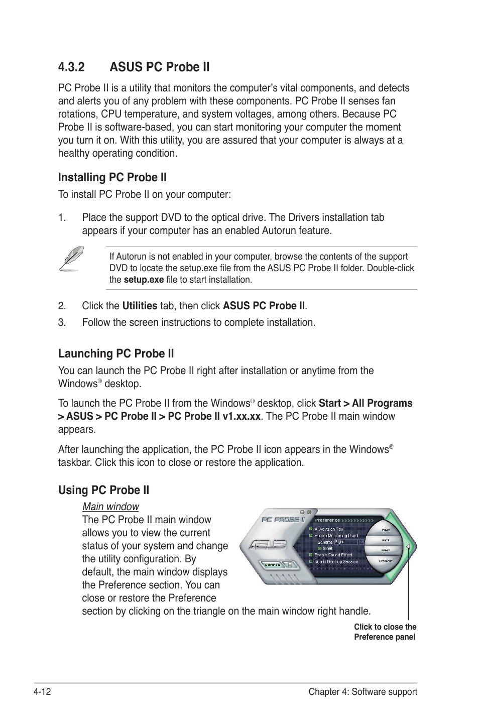 2 asus pc probe ii, Asus pc probe ii -12, Installing pc probe ii | Launching pc probe ii, Using pc probe ii | Asus Maximus III Gene User Manual | Page 132 / 170