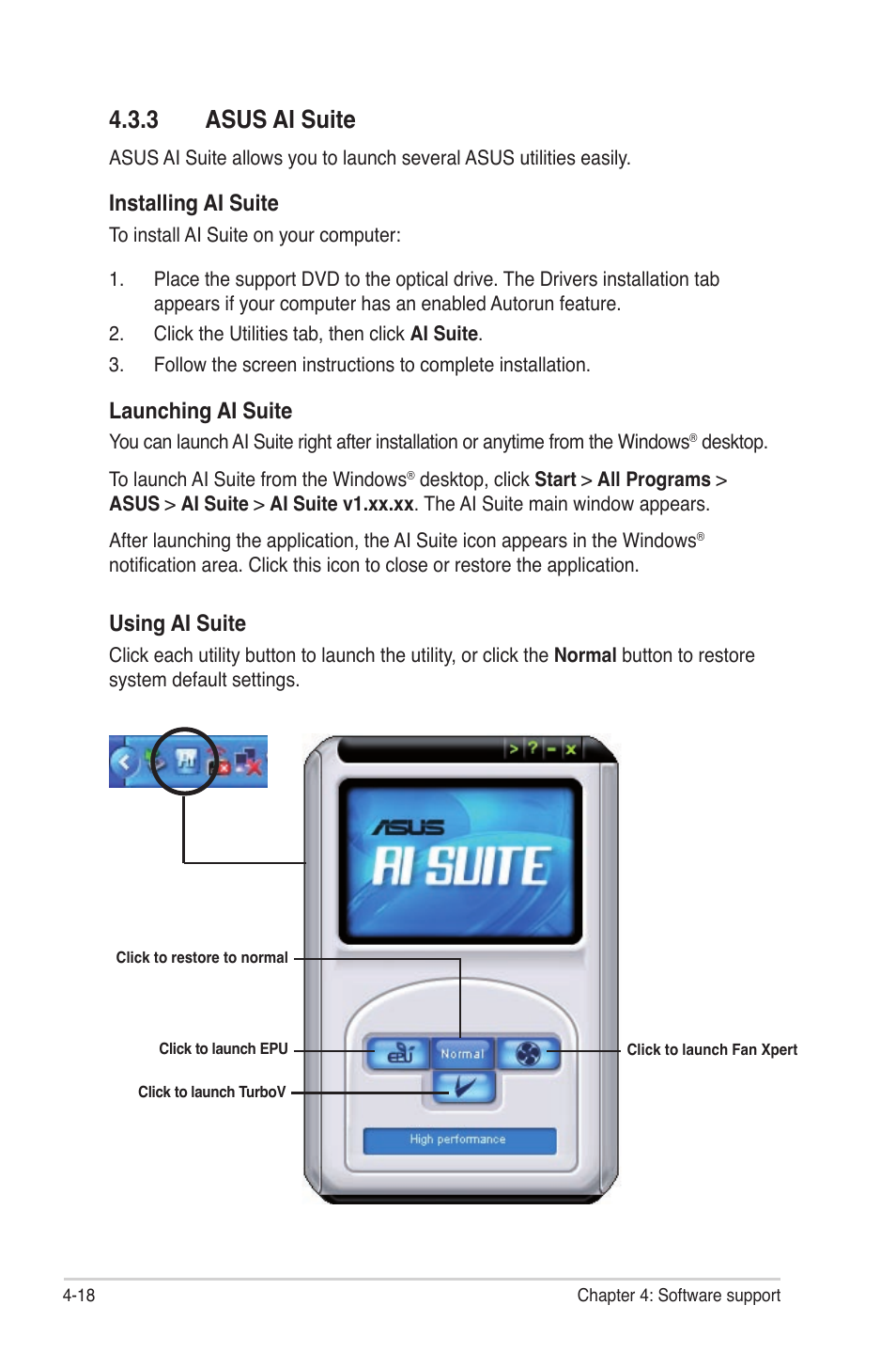 3 asus ai suite, 3 asus ai suite -18, Installing ai suite | Launching ai suite, Using ai suite | Asus Maximus III Gene User Manual | Page 138 / 170