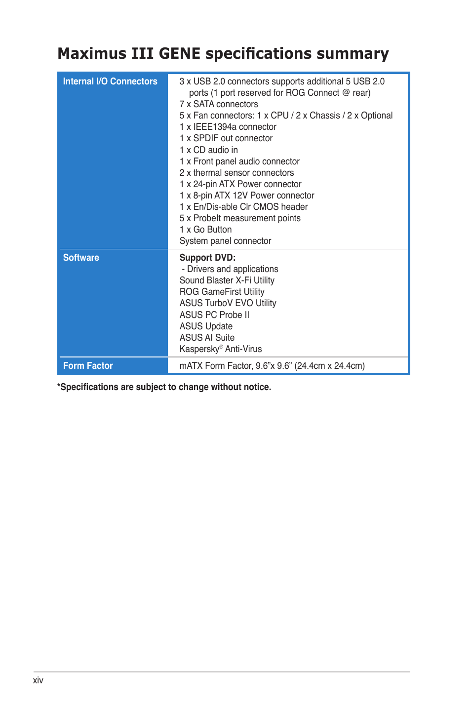 Maximus iii gene specifications summary | Asus Maximus III Gene User Manual | Page 14 / 170