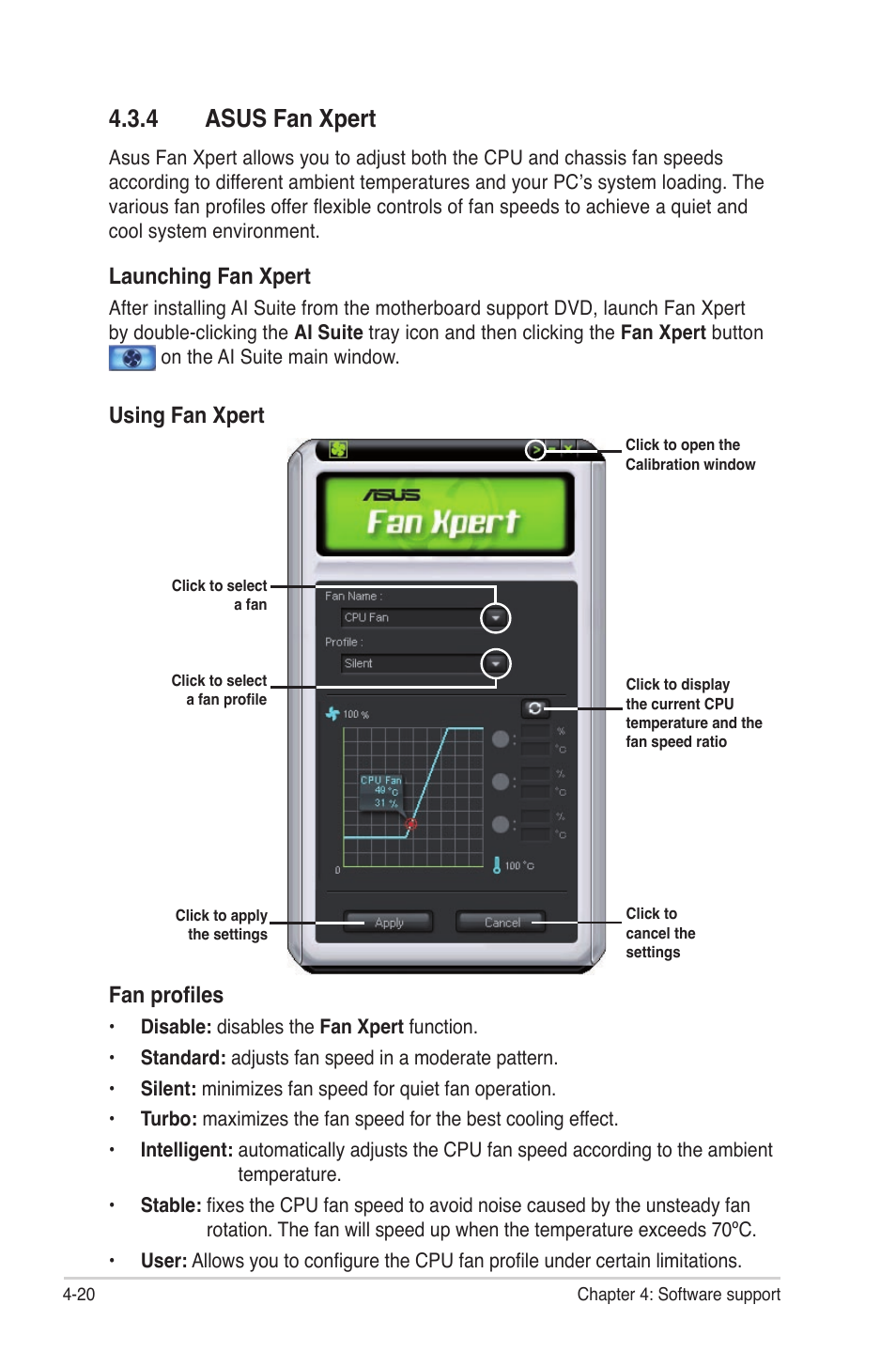 4 asus fan xpert, Asus fan xpert -20, Launching fan xpert | Using fan xpert, Fan profiles | Asus Maximus III Gene User Manual | Page 140 / 170