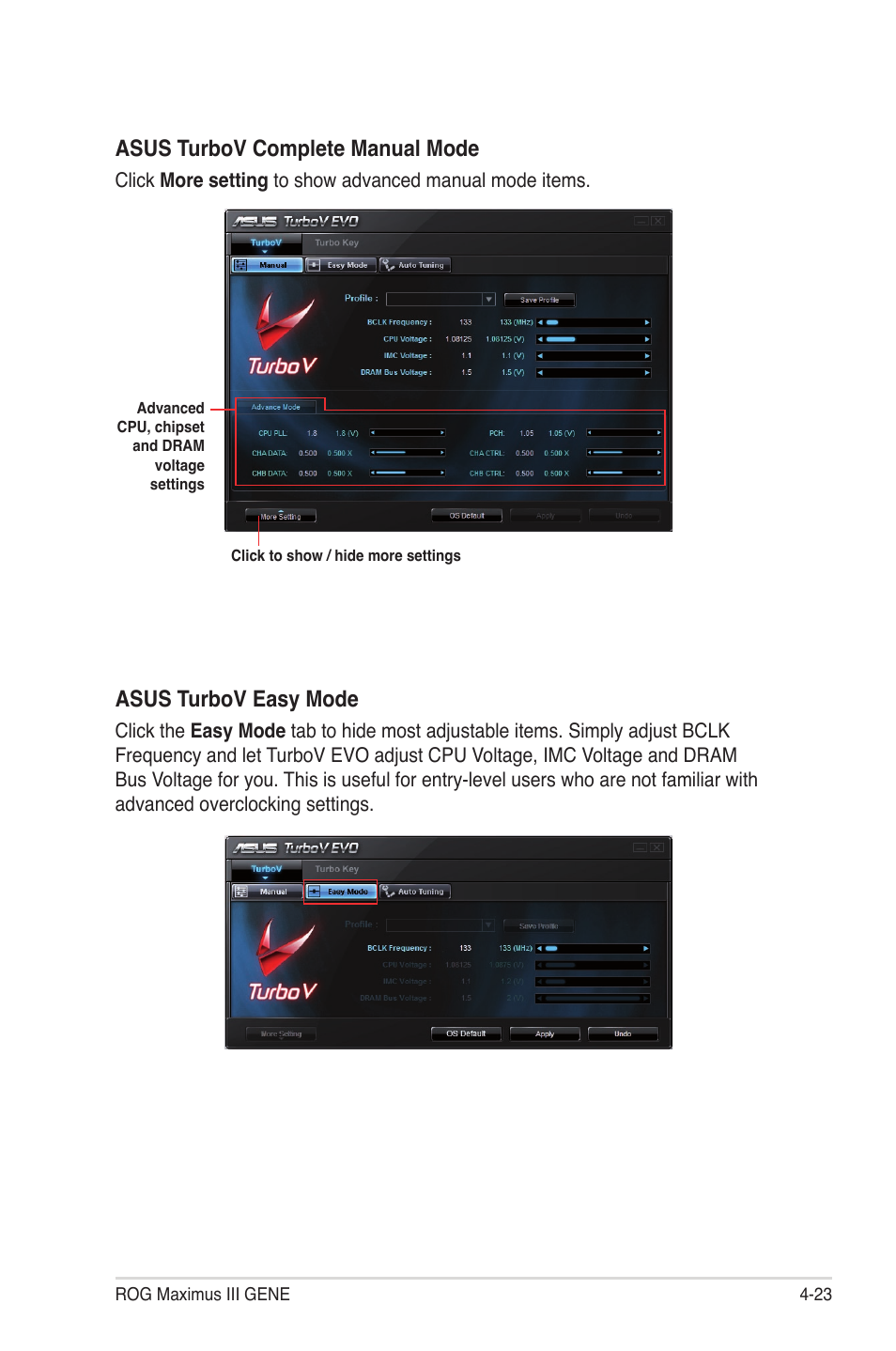 Asus turbov complete manual mode, Asus turbov easy mode | Asus Maximus III Gene User Manual | Page 143 / 170