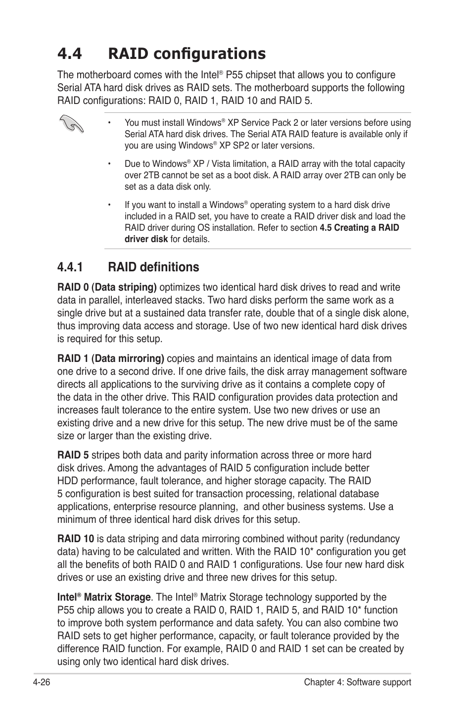 4 raid configurations, 1 raid definitions, Raid configurations -26 4.4.1 | Raid definitions -26 | Asus Maximus III Gene User Manual | Page 146 / 170