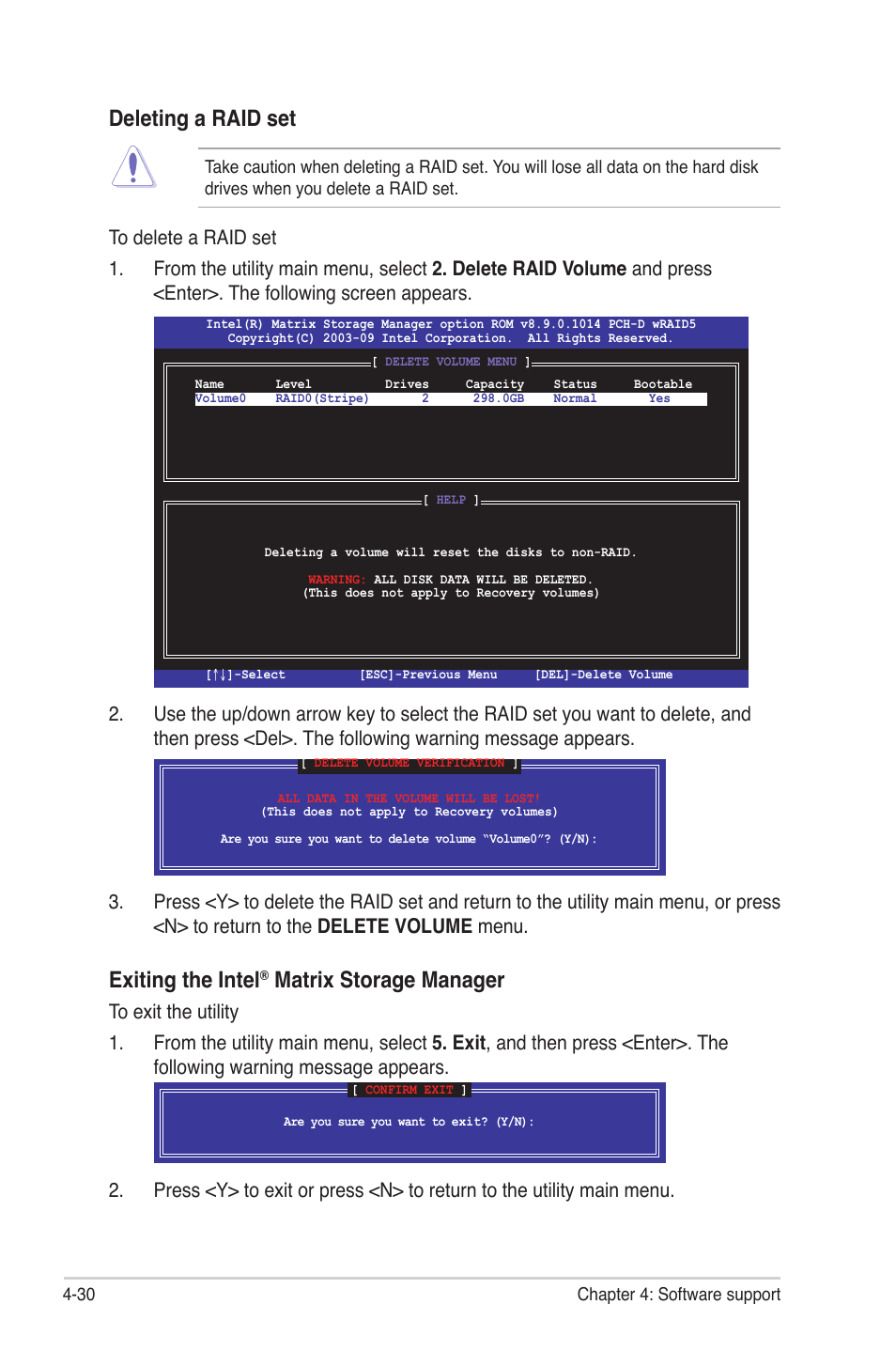 Deleting a raid set, Exiting the intel, Matrix storage manager | Asus Maximus III Gene User Manual | Page 150 / 170