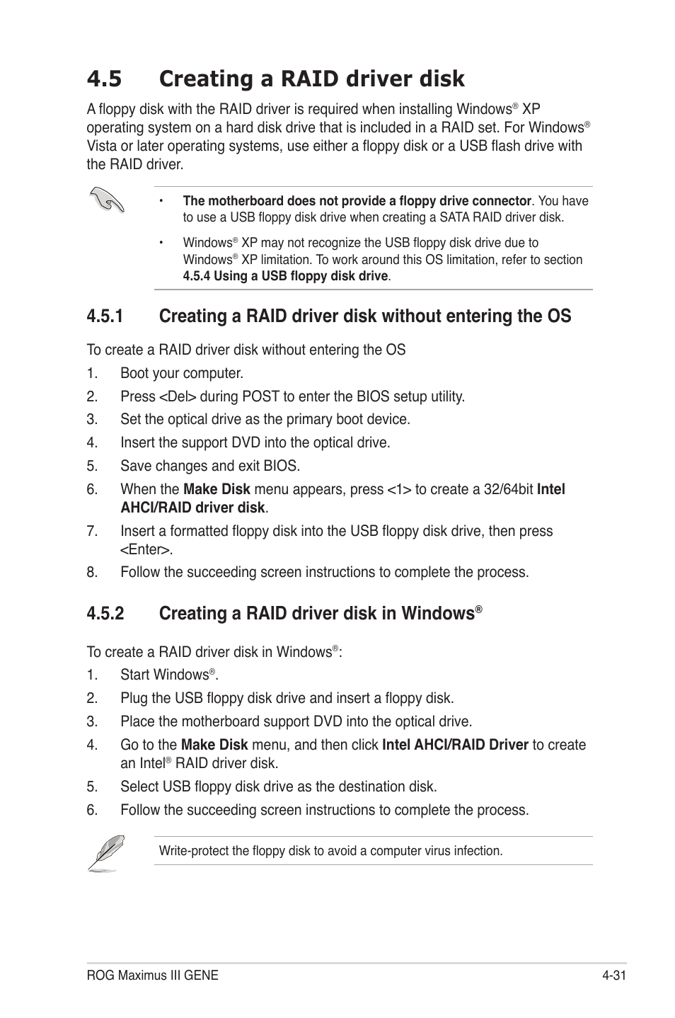 5 creating a raid driver disk, 2 creating a raid driver disk in windows, Creating a raid driver disk -31 4.5.1 | Creating a raid driver disk in windows | Asus Maximus III Gene User Manual | Page 151 / 170