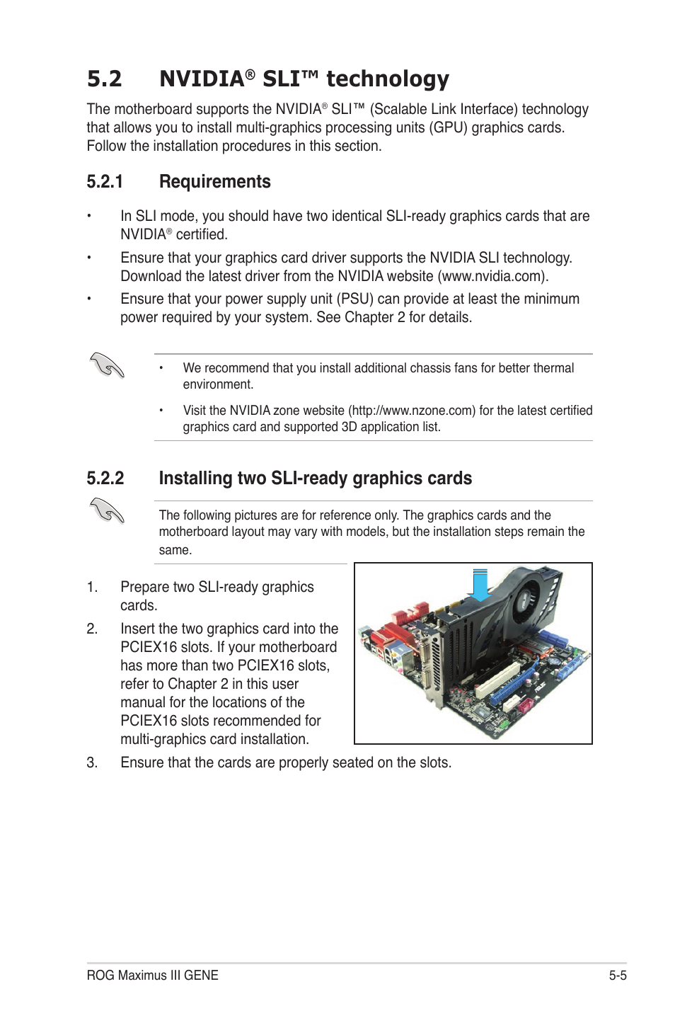 2 nvidia® sli™ technology, 1 requirements, 2 installing two sli-ready graphics cards | Nvidia, Sli™ technology -5, Requirements -5, Installing two sli-ready graphics cards -5, 2 nvidia, Sli™ technology | Asus Maximus III Gene User Manual | Page 161 / 170