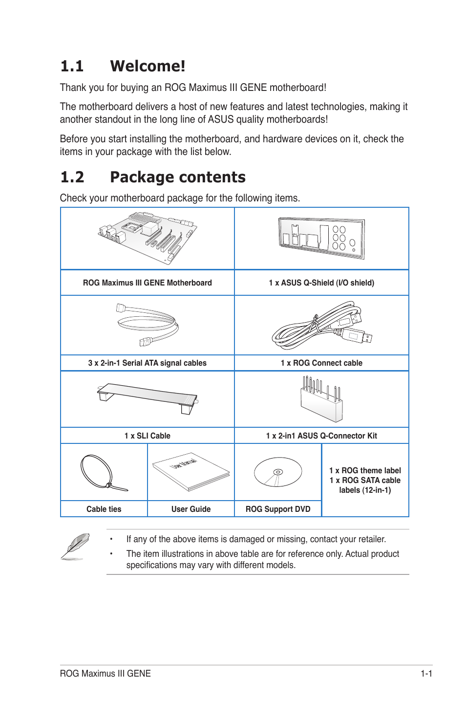 1 welcome, 2 package contents, Welcome! -1 | Package contents -1 | Asus Maximus III Gene User Manual | Page 17 / 170