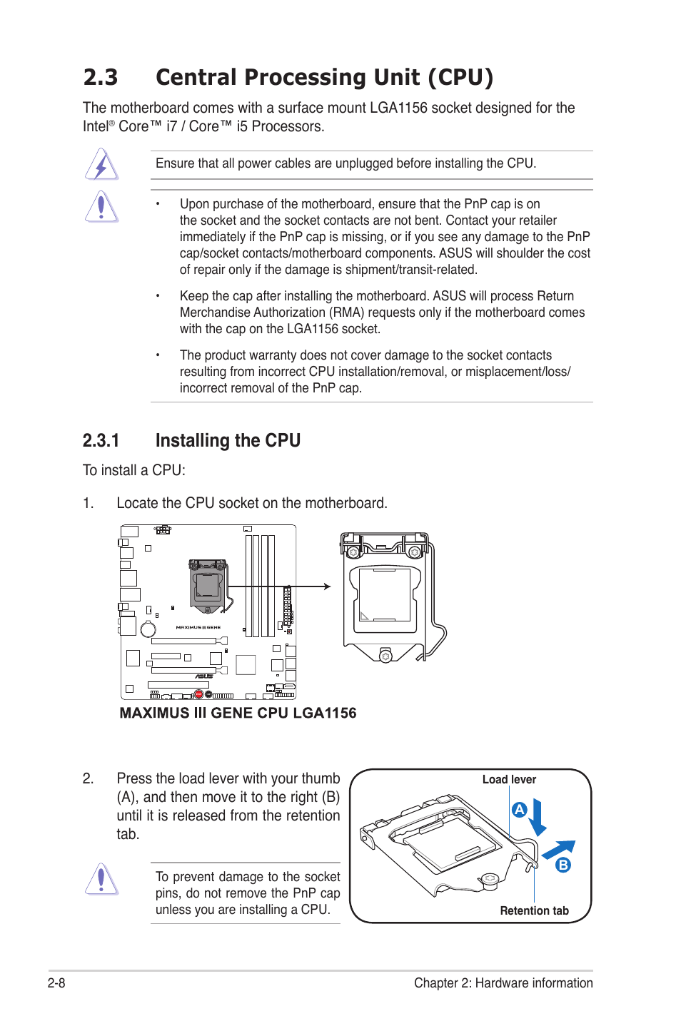 3 central processing unit (cpu), 1 installing the cpu, Central processing unit (cpu) -8 2.3.1 | Installing the cpu -8 | Asus Maximus III Gene User Manual | Page 34 / 170