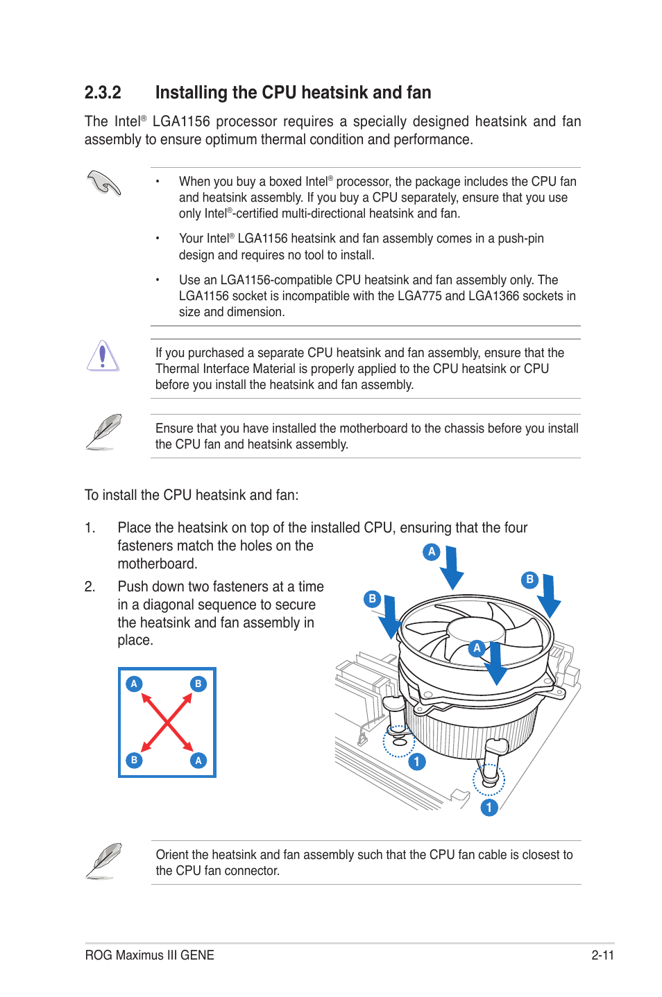 2 installing the cpu heatsink and fan, Installing the cpu heatsink and fan -11 | Asus Maximus III Gene User Manual | Page 37 / 170