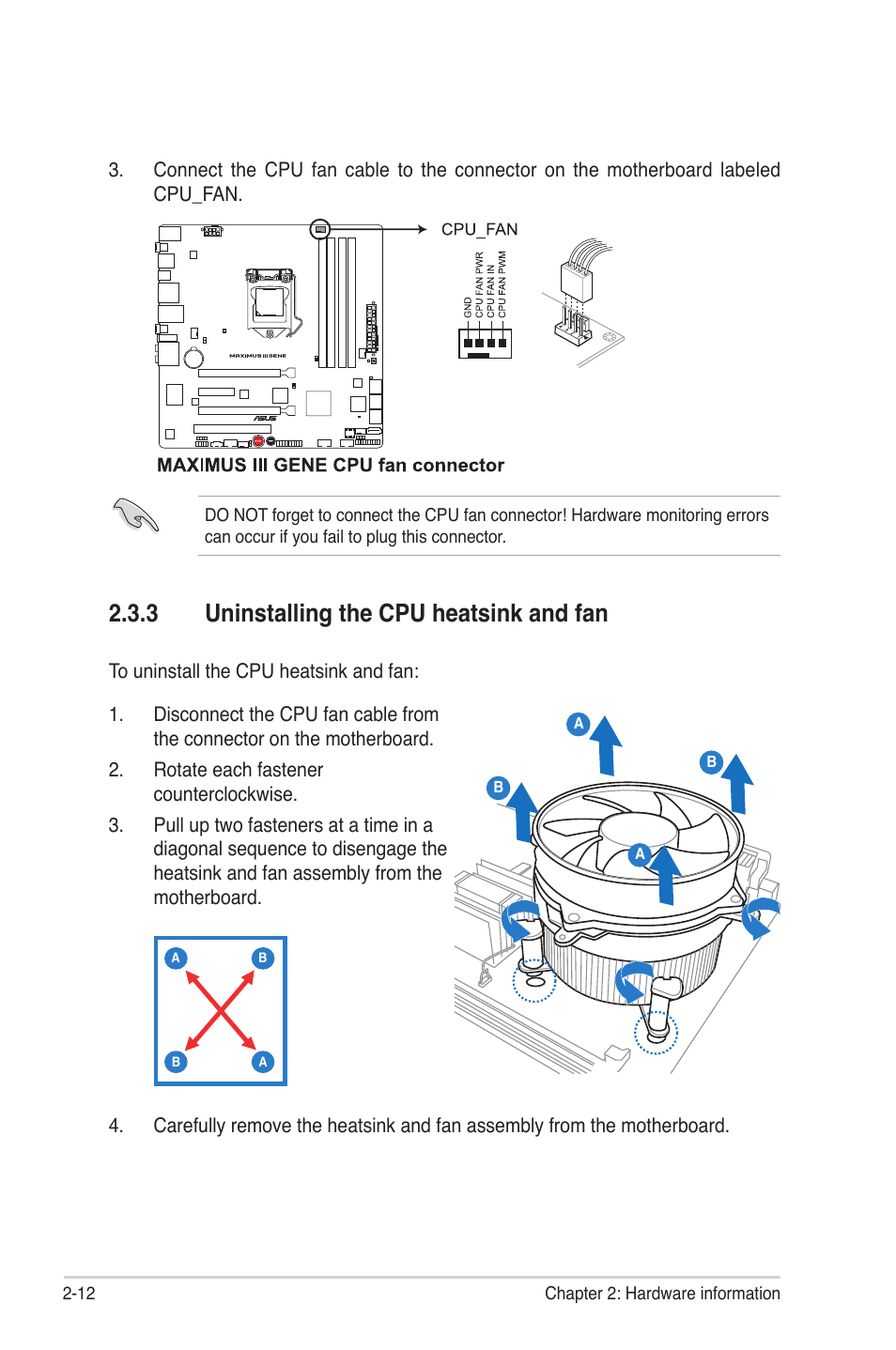 3 uninstalling the cpu heatsink and fan, Uninstalling the cpu heatsink and fan -12 | Asus Maximus III Gene User Manual | Page 38 / 170