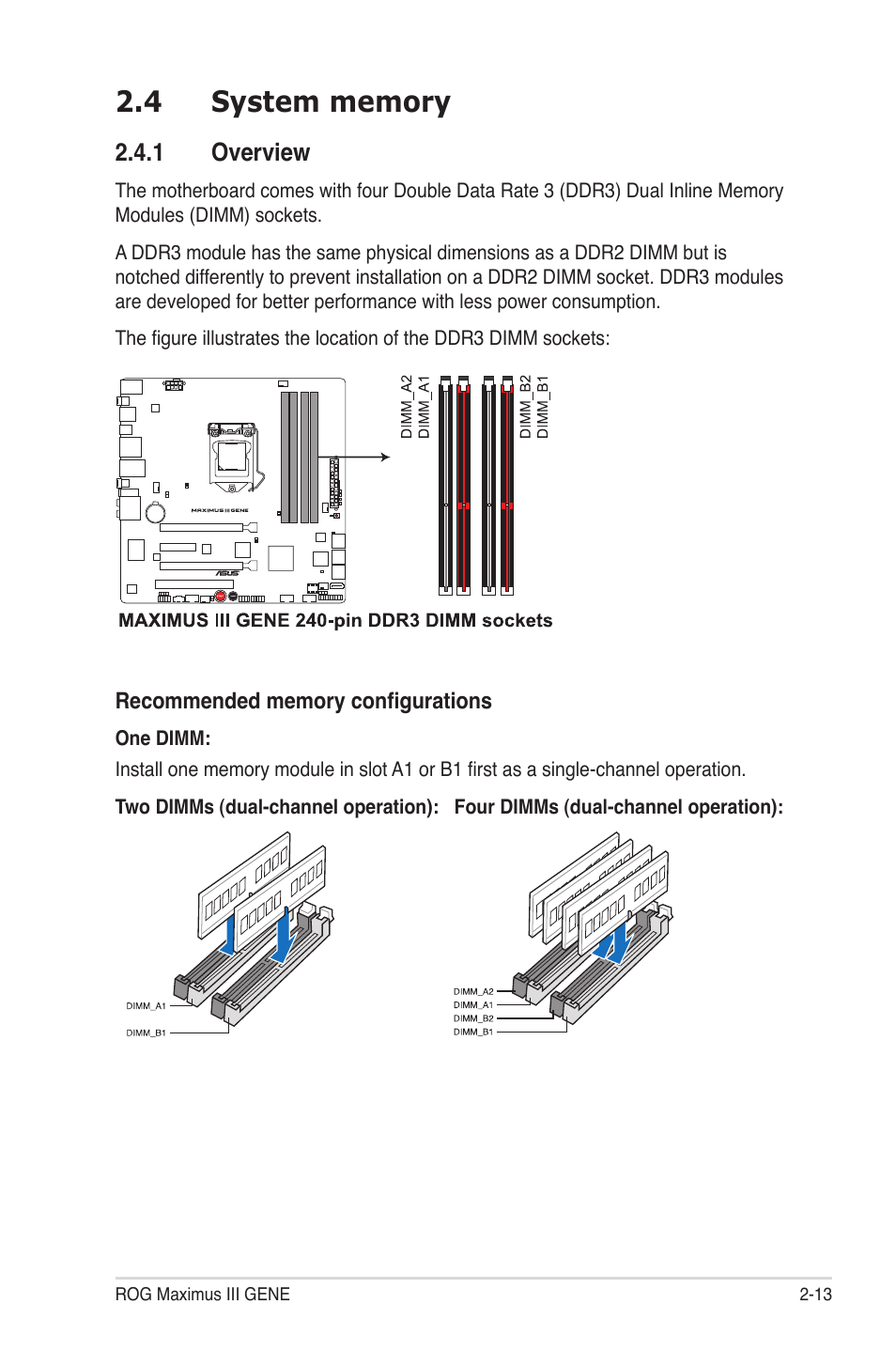 4 system memory, 1 overview, System memory -13 2.4.1 | Overview -13 | Asus Maximus III Gene User Manual | Page 39 / 170