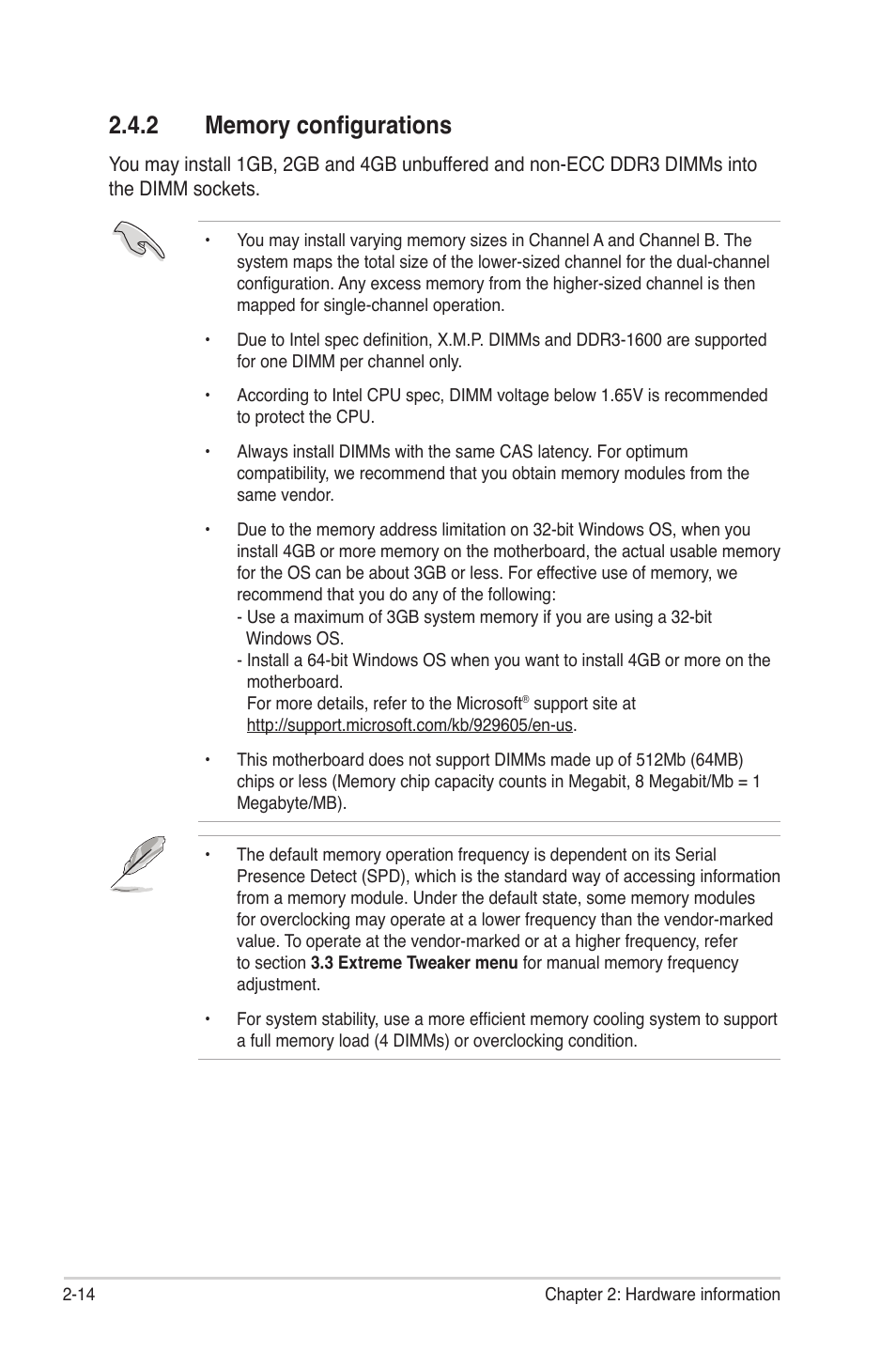 2 memory configurations, Memory configurations -14 | Asus Maximus III Gene User Manual | Page 40 / 170