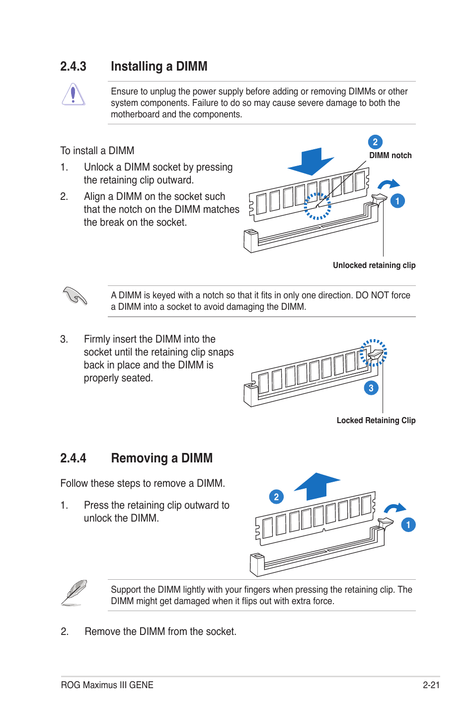 3 installing a dimm, 4 removing a dimm, Installing a dimm -21 | Removing a dimm -21 | Asus Maximus III Gene User Manual | Page 47 / 170